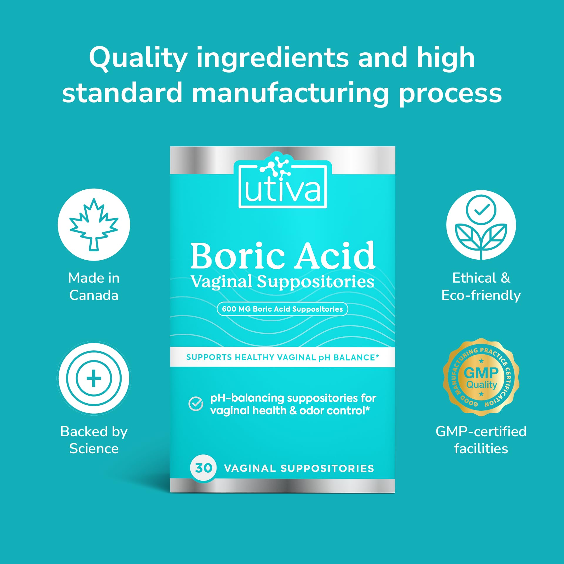 10% Bundle Utiva Boric Acid - 600mg 30-Boric Acid Vaginal Suppositories to Lower pH and Support Vaginal Health + Utiva Suppository Applicators – Hygienic Individually Wrapped 15 Vaginal Applicators Szio+ uk supplements