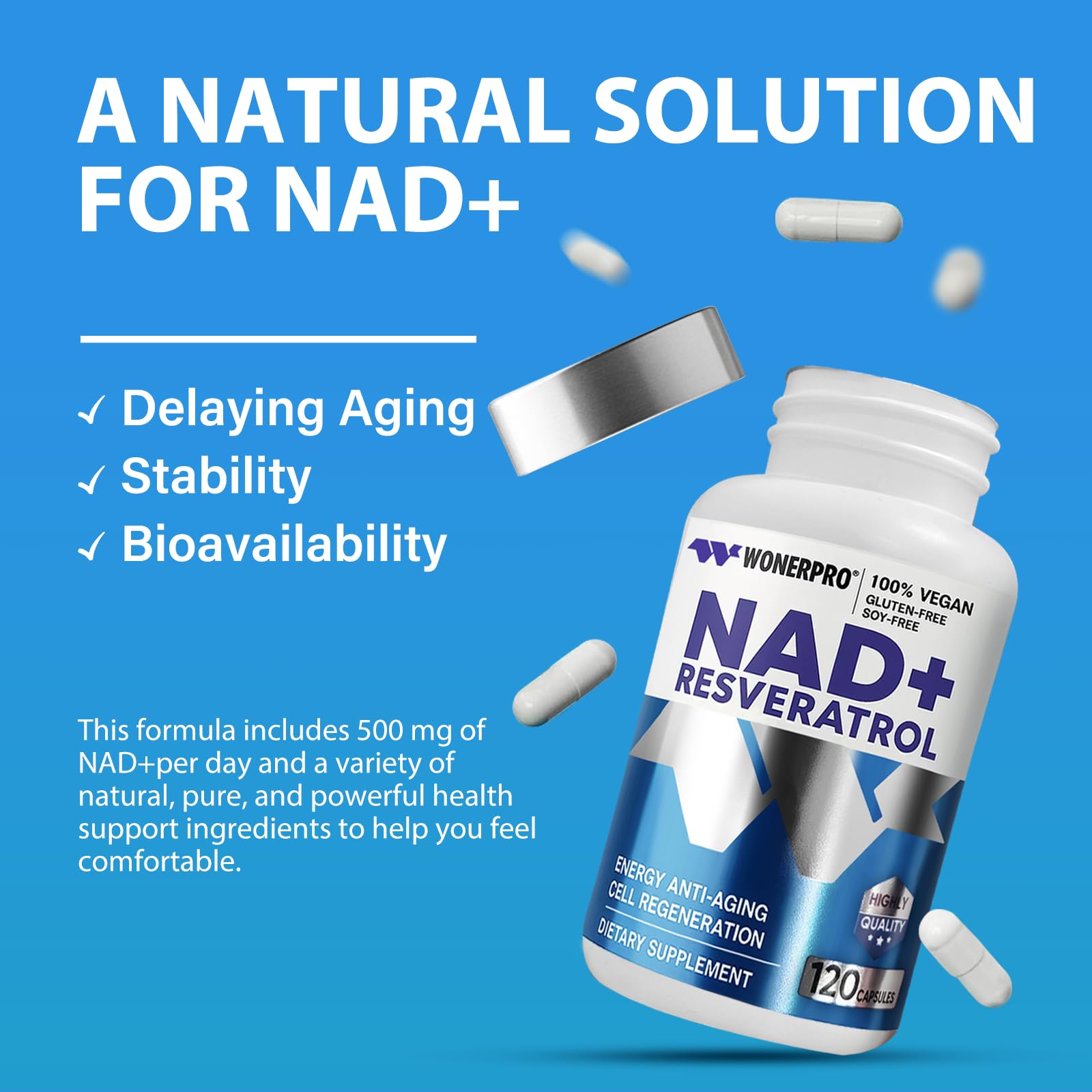 NAD+ Supplement 1500mg Pure Organic, NAD+ Resveratrol & Vitamin B3 for Women & Men, Energy Boost & Anti-Aging Support, 120 Vegan Capsules (Gluten-Free, Soy-Free)-11.4 WONERPRO uk supplements