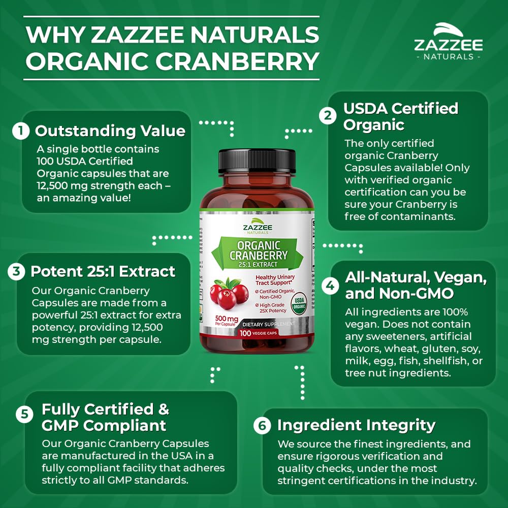 Zazzee USDA Organic Cranberry 25:1 Extract, 12,500 mg Strength, 100 Vegan Capsules Zazzee uk supplements
