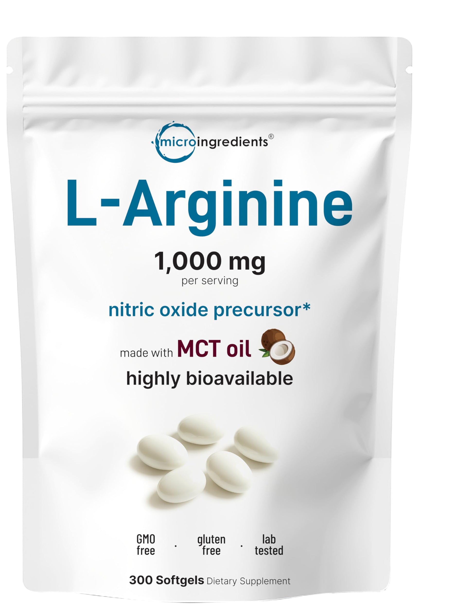 Micro Ingredients L-Arginine 1000mg with MCT Oil, 300 Softgels | Nitric Oxide Precursor* for Men & Women | Extra Strength Amino Acid Formula for Daily Wellness Micro Ingredients uk supplements