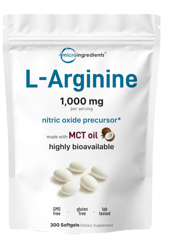 Micro Ingredients L-Arginine 1000mg with MCT Oil, 300 Softgels | Nitric Oxide Precursor* for Men & Women | Extra Strength Amino Acid Formula for Daily Wellness Micro Ingredients uk supplements