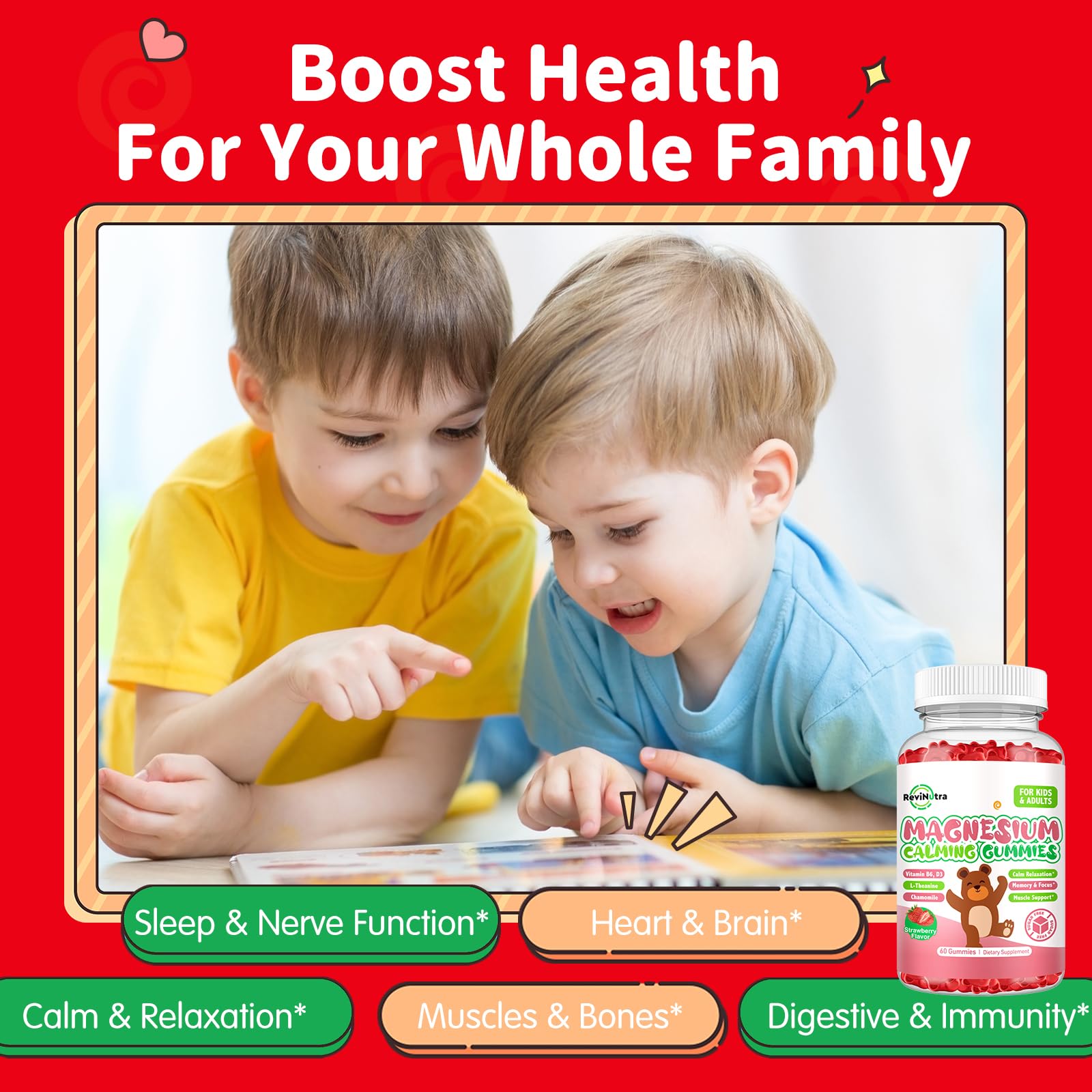 Magnesium Gummies for Kids - Magnesium Glycinate Gummies Supplement with L-Theanine, Vitamin B6, D3 for Kids & Adults Sleep, Calm, Relaxation, Brain, Bones, Sugar Free Strawberry 60ct ReviNutra uk supplements