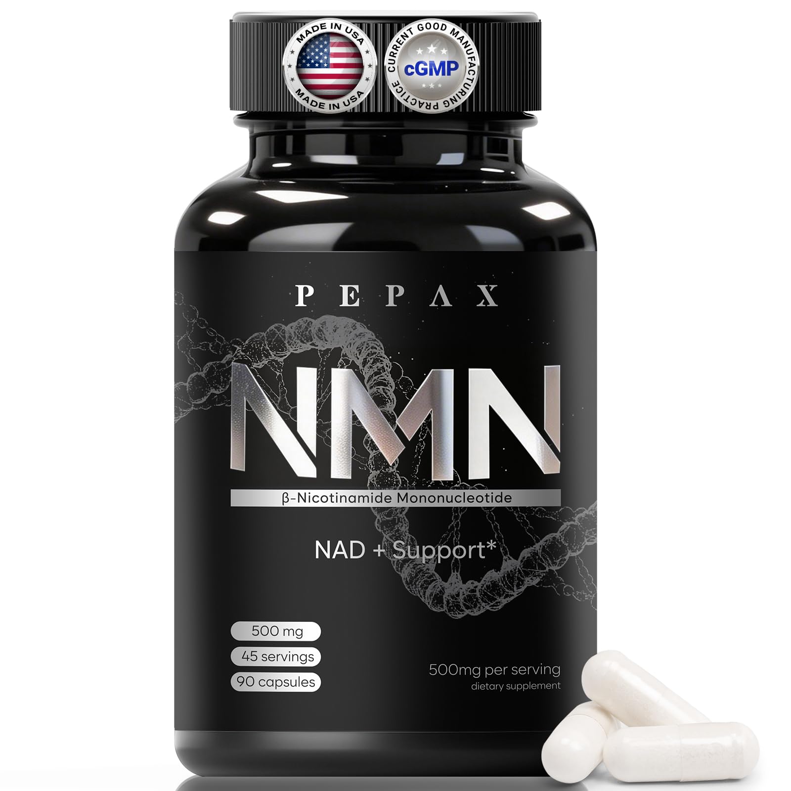 PEPAX NMN Supplement 500mg - 99% Pure NMN Supplement Capsules for Increased NAD Levels & Healthy Aging - Third Party Tested Stabilized Capsules, cGMP Certified, 90 Liposomal NMN (45 Servings) PEPAX uk supplements