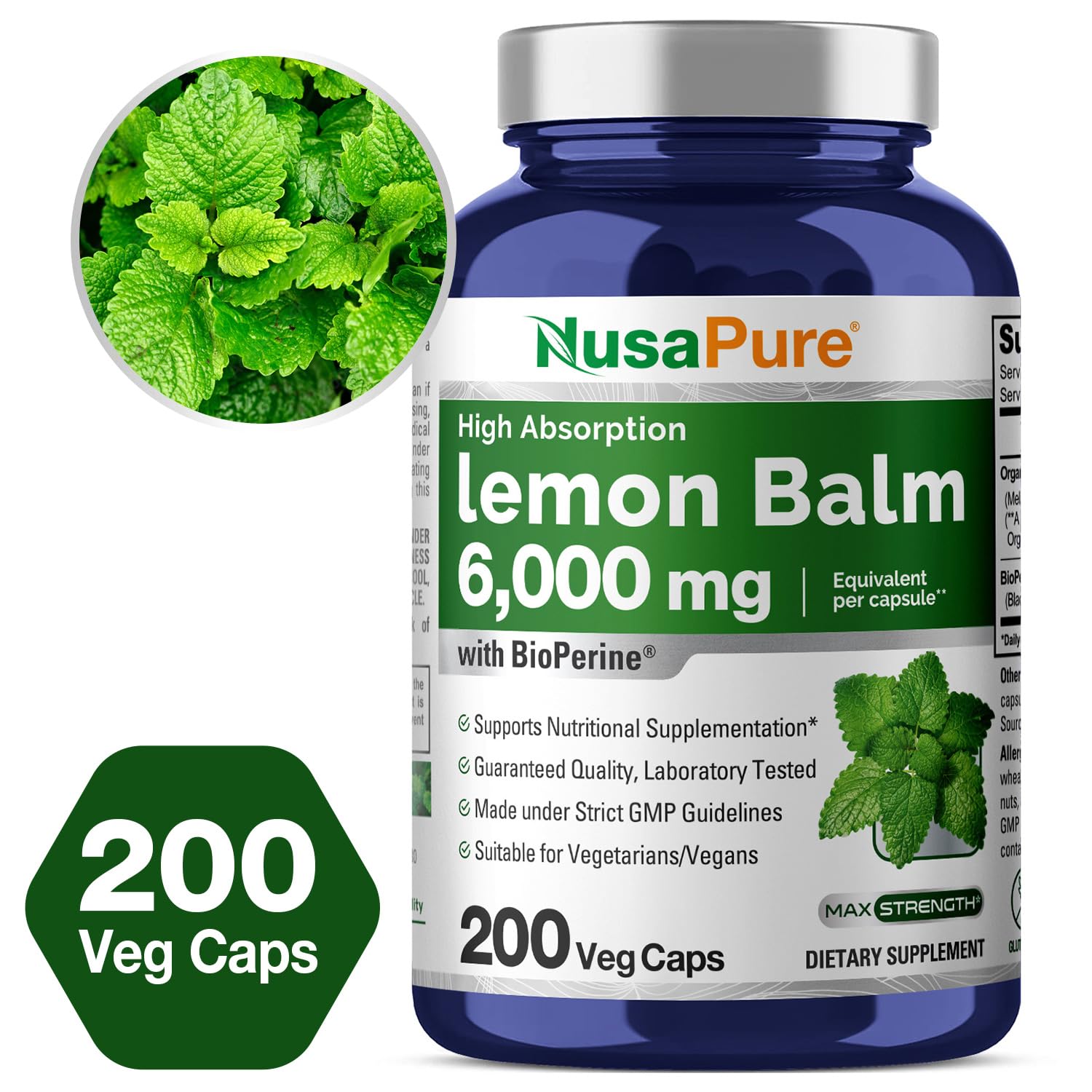 NusaPure Lemon Balm 30:1 Extract, 200 mg Equivalent to 6000mg Per Vegan Caps - 200 Count Non-GMO, Vegan Bioperine NusaPure uk supplements