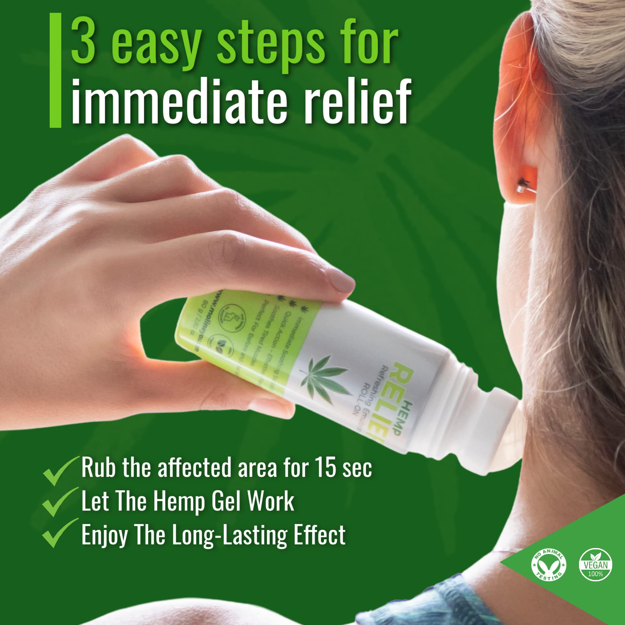 Moline You Natural Powerful Hemp Roll On, for Joint & Muscle Discomfort, Back, Neck, Knee, Shoulders HIPS. Formula with Hemp Oil Extract, Arnica, Menthol (Roll On 3 oz) Moline You uk supplements
