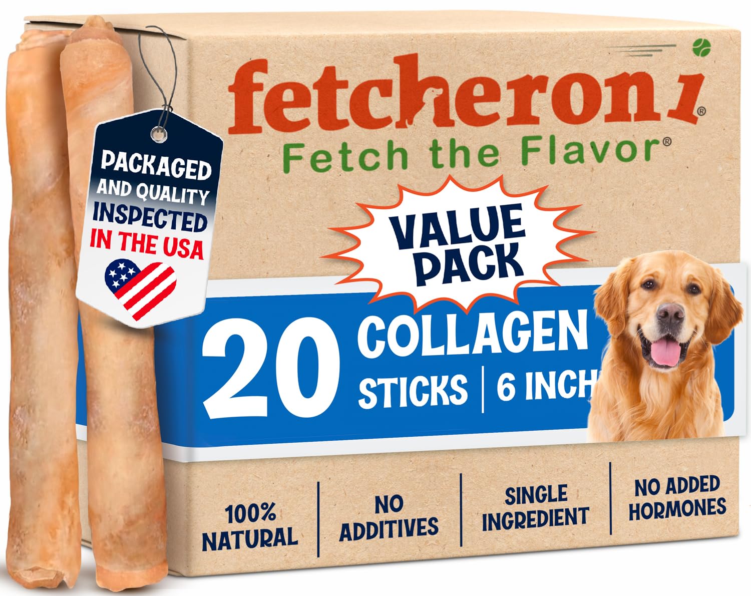 FETCHERONI 6" Collagen Sticks for Dogs – Low Odor Long-Lasting Bully Stick & Rawhide Alternative, Single Ingredient Beef Bone, High Protein Dental Treat, Vet Approved, Improves Joint Health – 20 Pack FETCHERONI uk supplements