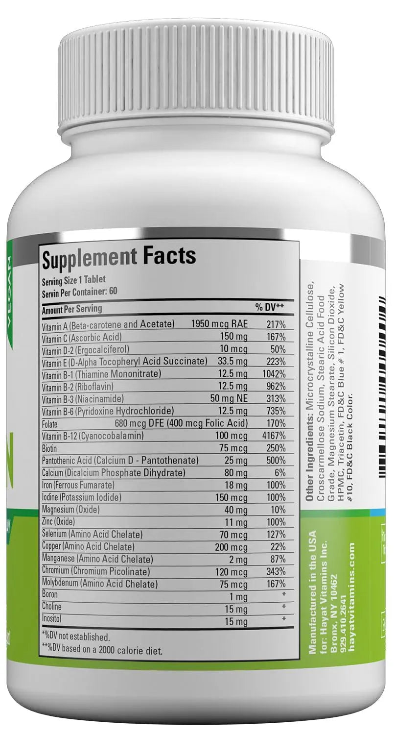 HAYAT Vitamins Vegan Natural Multivitamin, Daily Vitamins with Vitamin A, C, D, E, B1, B2, B3, B6, B12, Biotin, Zinc and More, 2 Month Supply, All Natural HAYAT uk supplements
