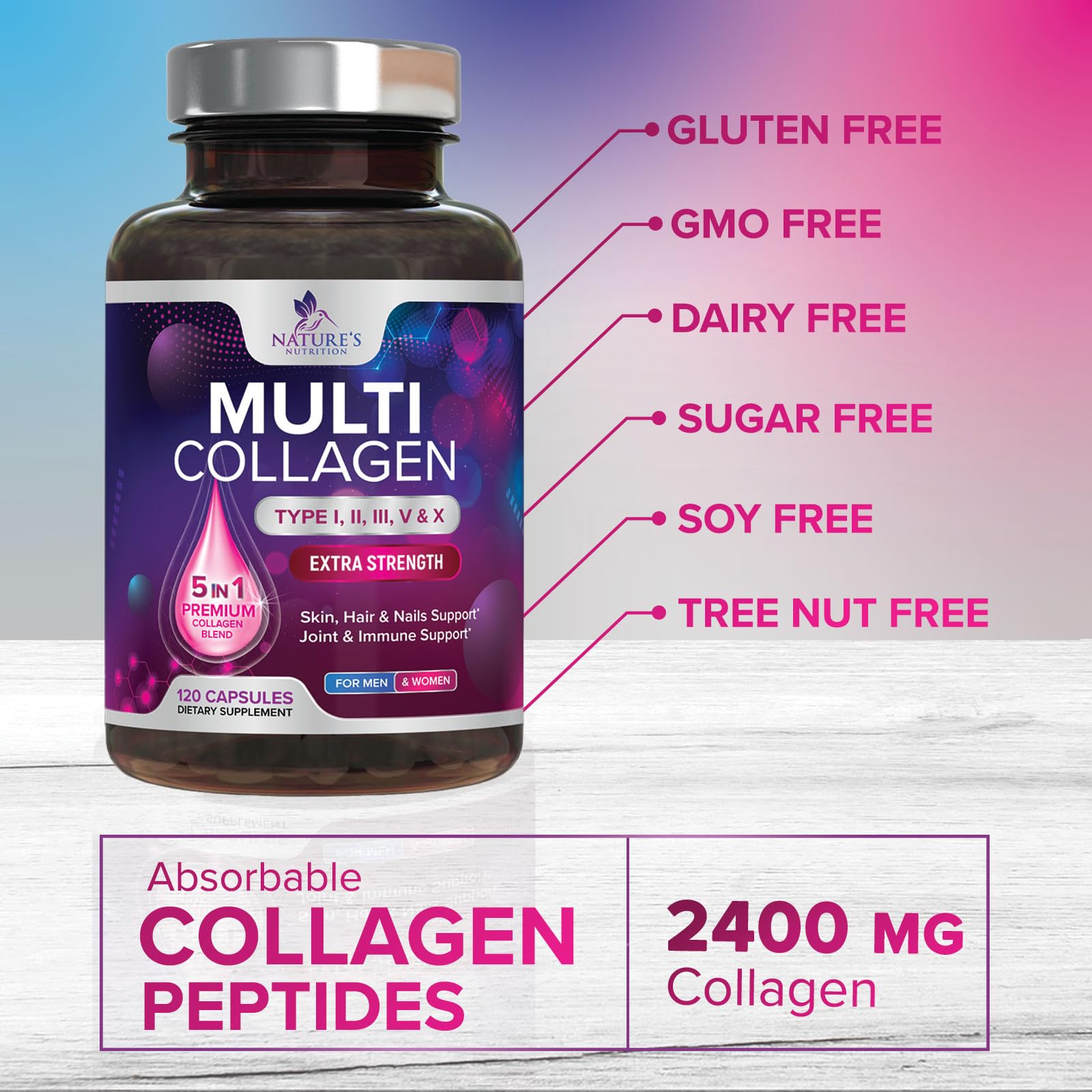 Multi Collagen Pills 2400 mg - Advanced Types I, II, III, V, X - Hydrolyzed Multi Collagen Peptides Pills, Collagen Supplements for Women & Men - Hair, Skin, & Nail Support Supplement - 120 Capsules Nature's Nutrition uk supplements