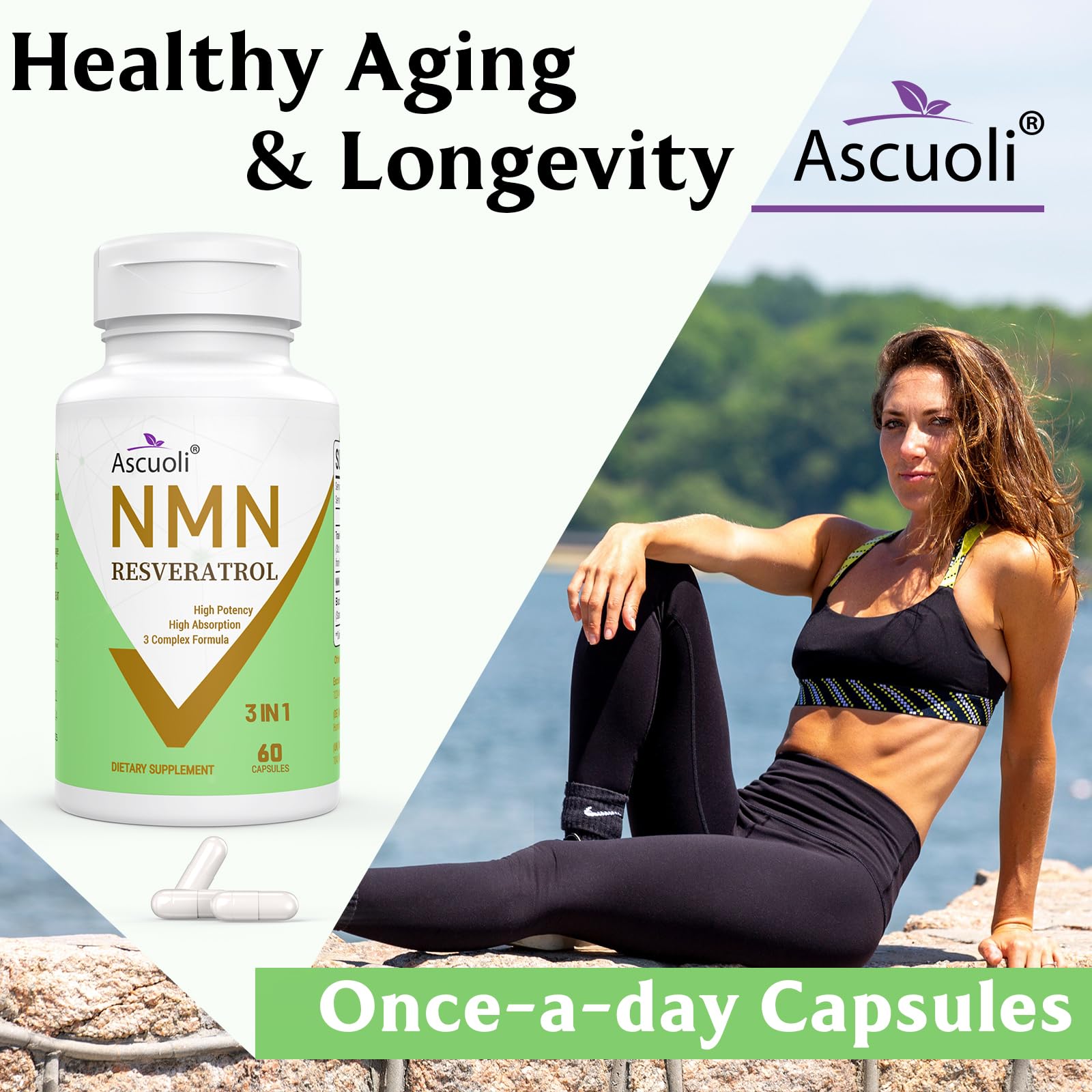 99% Ultra Purity NMN 500mg + Trans-Resveratrol 600mg, 1150mg NMN Resveratrol Supplement, 3-in-1 Advanced Formula for Boost* NAD, Cell, Immune, Energy & Muscle, Healthy Aging, Stabilized Form - 60 Caps Ascuoli uk supplements