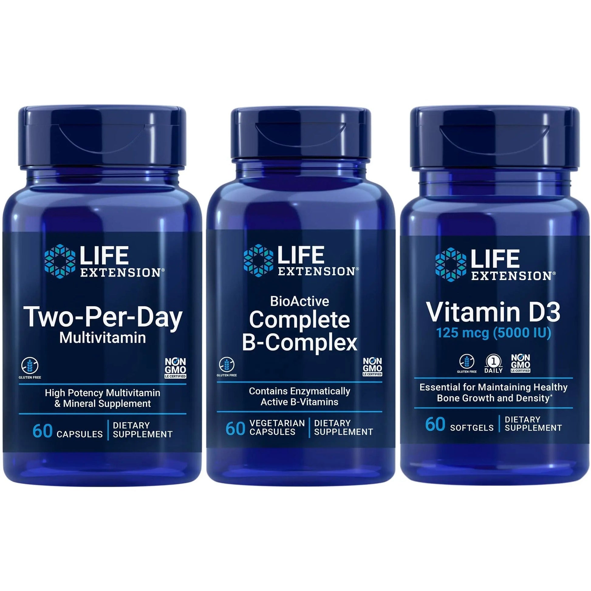 Life Extension Two-Per-Day Multivitamin, 60 capsules | BioActive Complete B-Complex, 60 capsules | Vitamin D3 125 mcg (5000 IU), 60 softgels | Bone & immune health, energy and metabolism support Life Extension uk supplements