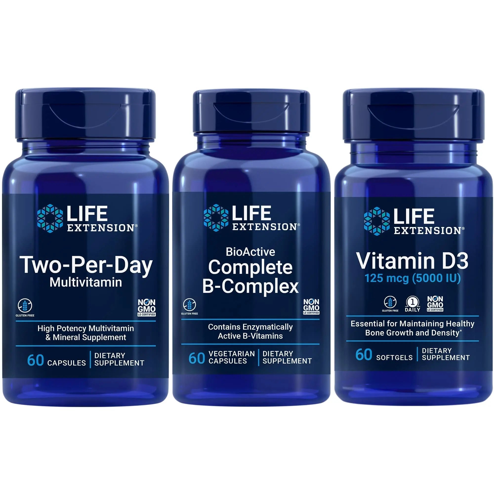 Life Extension Two-Per-Day Multivitamin, 60 capsules | BioActive Complete B-Complex, 60 capsules | Vitamin D3 125 mcg (5000 IU), 60 softgels | Bone & immune health, energy and metabolism support Life Extension uk supplements