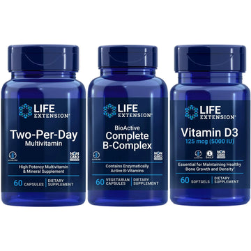 Life Extension Two-Per-Day Multivitamin, 60 capsules | BioActive Complete B-Complex, 60 capsules | Vitamin D3 125 mcg (5000 IU), 60 softgels | Bone & immune health, energy and metabolism support Life Extension uk supplements