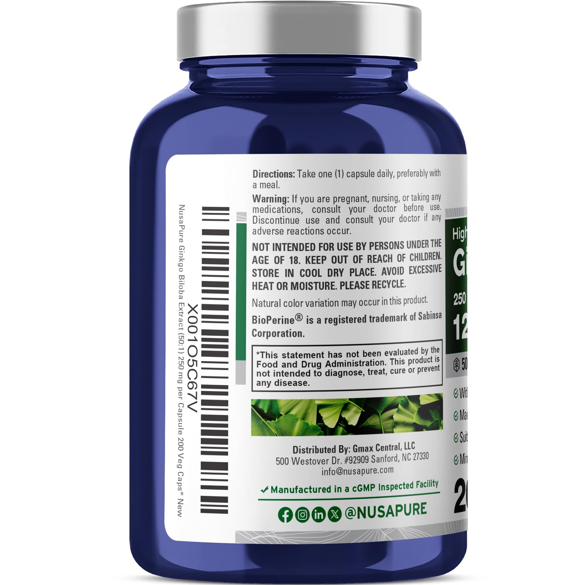 NusaPure Ginkgo Biloba 50:1 Extract, 250 mg Equivalent to 12,500 mg per Veggie Caps 200 Capsules (Vegetarian, Non-GMO, Vegan) Bioperine NusaPure uk supplements