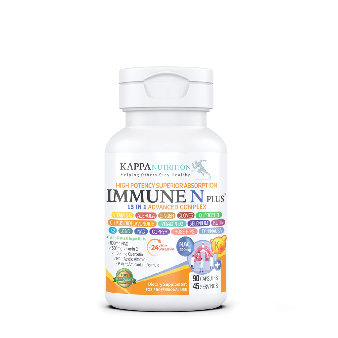 (90 Capsules), NAC 600mg, Quercetin 1,000mg, Vitamin C 500mg, Zinc 50mg, Vitamin D3 5,000iu, Selenium, Copper, Acerola, Ginger, Rutin, Citrus Bioflavonoids, Rose Hips, Echinacea, Immune N Plus 15 in 1 KAPPA NUTRITION uk supplements