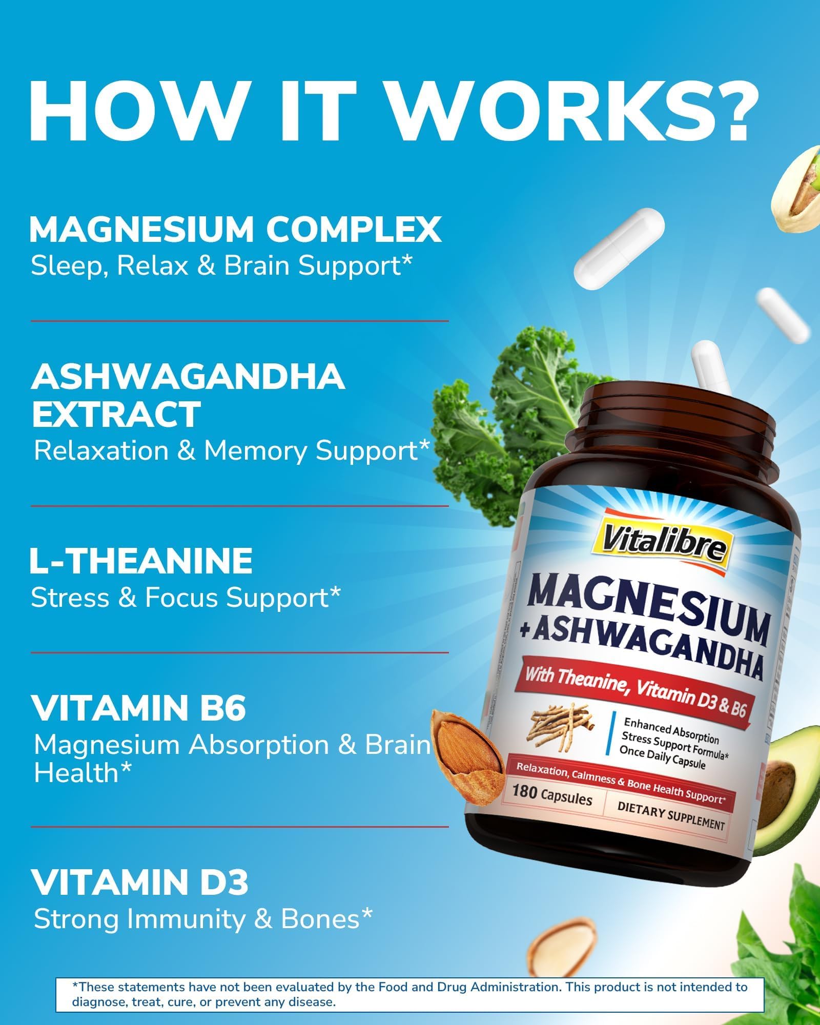Vitalibre Magnesium Complex with Ashwagandha & L-Theanine - Stress Relief, Bone & Relaxation Support - w/Vitamin D3, B6 - Glycinate, Citrate, Malate, Taurate - 90 Vegan Capsules, Non-GMO, Gluten Free Vitalibre uk supplements