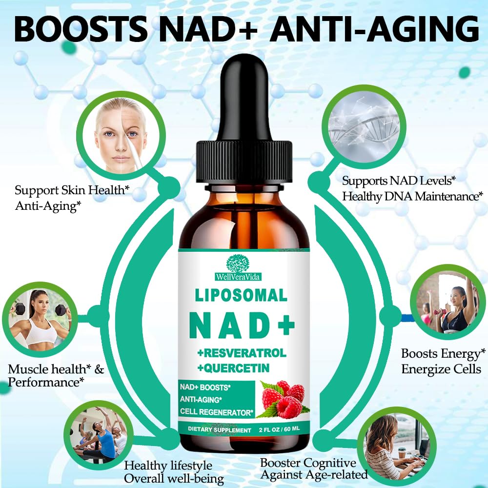 NAD Supplements for Women & Men, Liposomal NAD Nicotinamide Riboside Resveratrol 900mg, TMG, Quercetin, Vitamin B3, Organic Liquid NAD Resveratrol Supplement for Longevity, Energy, Anti-Aging, Focus WellVeraVida uk supplements