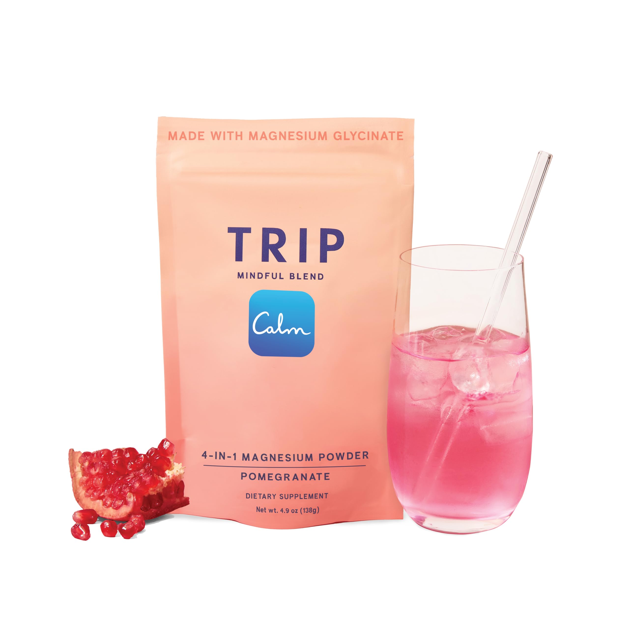 TRIP Magnesium Glycinate Powder with L-Theanine & Lion’s Mane, Sugar Free Magnesium Supplement for Adults, 250mg Magnesium per Drink Mix Serving, Pomegranate Orange Blossom, 1 Bag - 30 Servings TRIP uk supplements