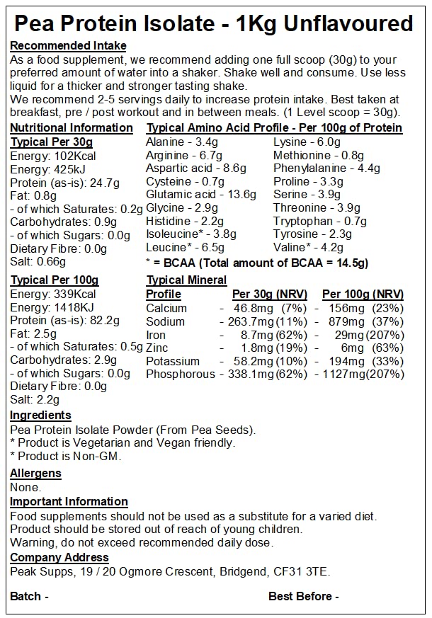 Pea Protein Isolate Powder 1kg - Packaging May Vary (Unflavoured) Peak Supps uk supplements
