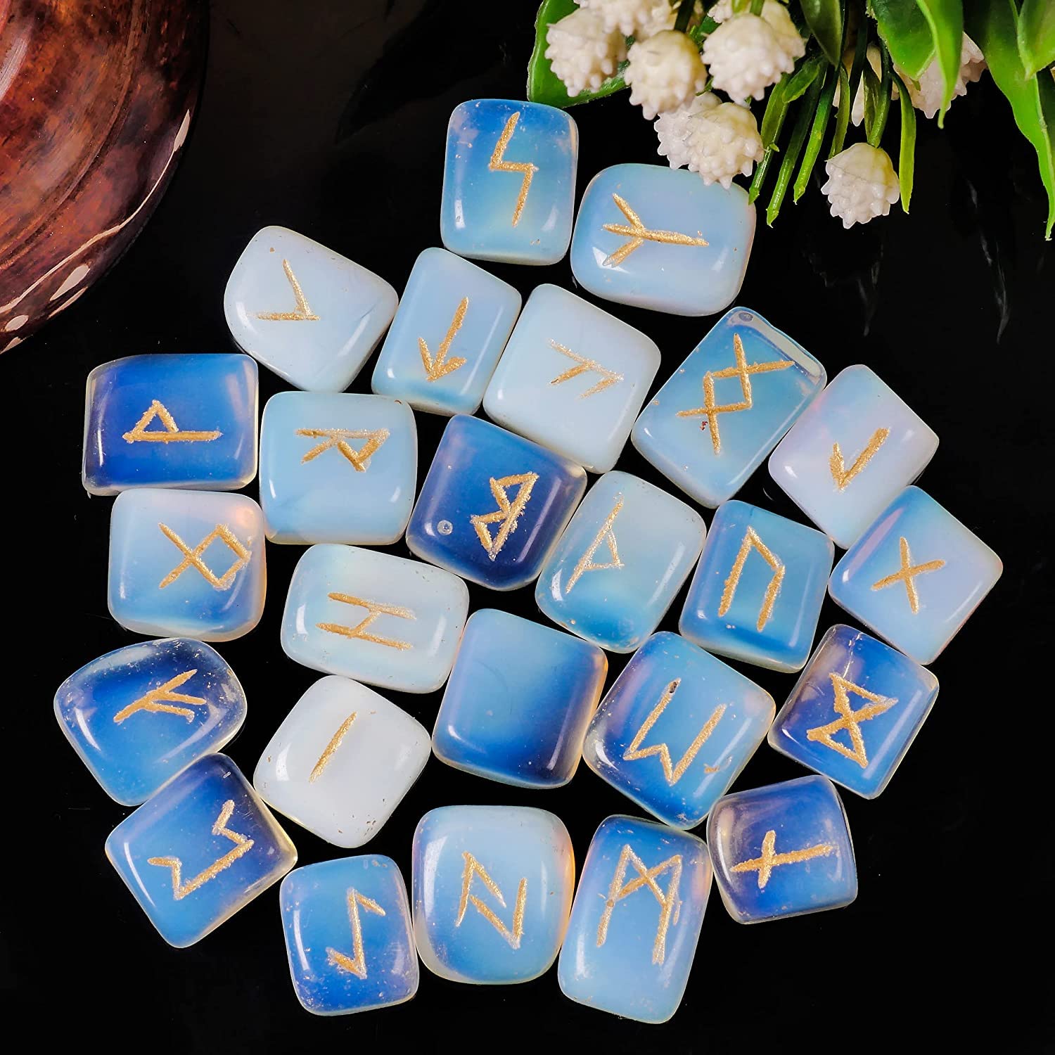 Opalite Rune Stone - Rune Set - Engraved Elder Futhark Alphabet Symbols - Witchcraft Crystals QUIPSA uk supplements
