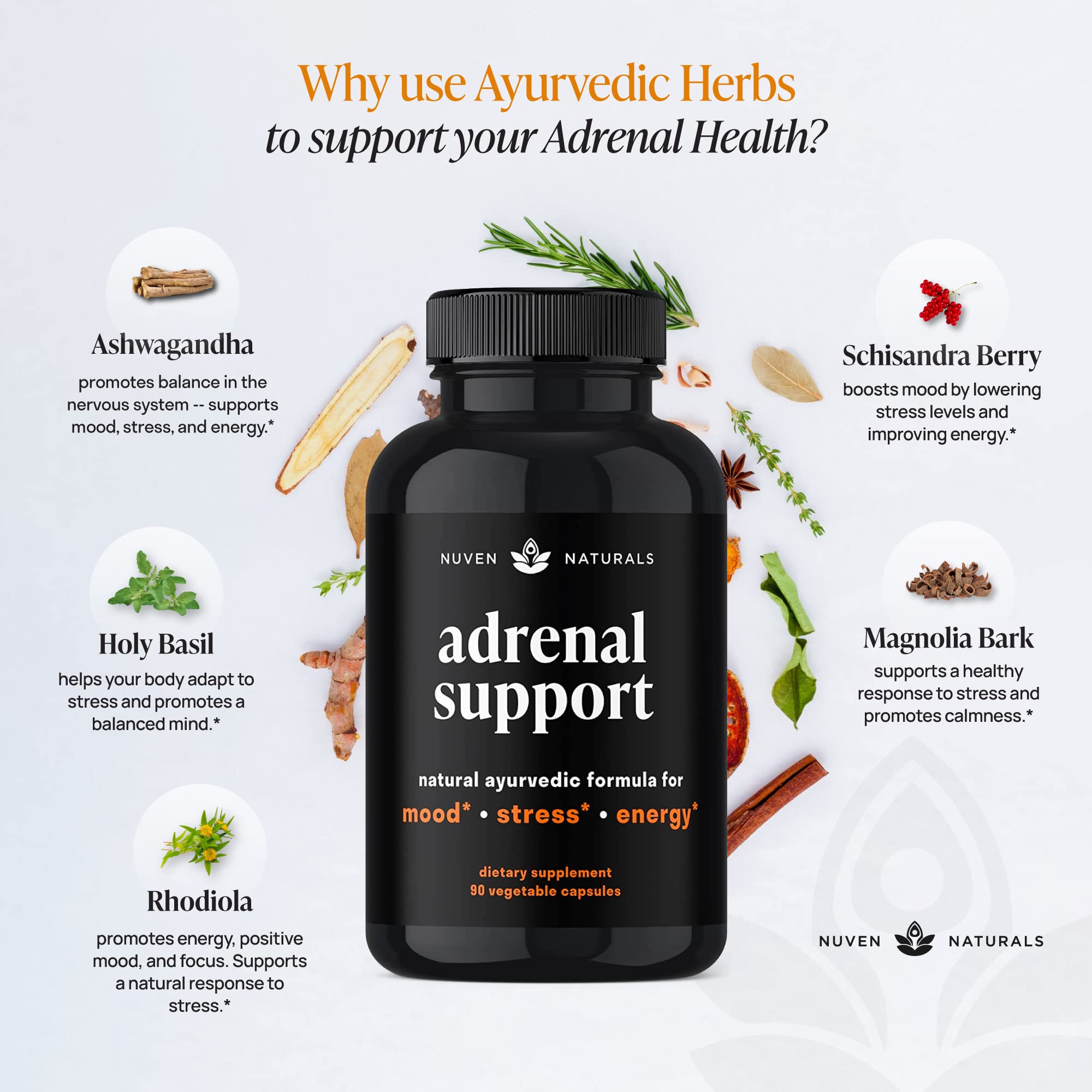 Nuven Naturals Adrenal Support - Cortisol Manager & Adrenal Support Supplements with Ashwagandha Extract, Rhodiola Rosea, Holy Basil to Help Stress, Fatigue & Energy | Adaptogens | 90 Capsules Nuven Naturals uk supplements