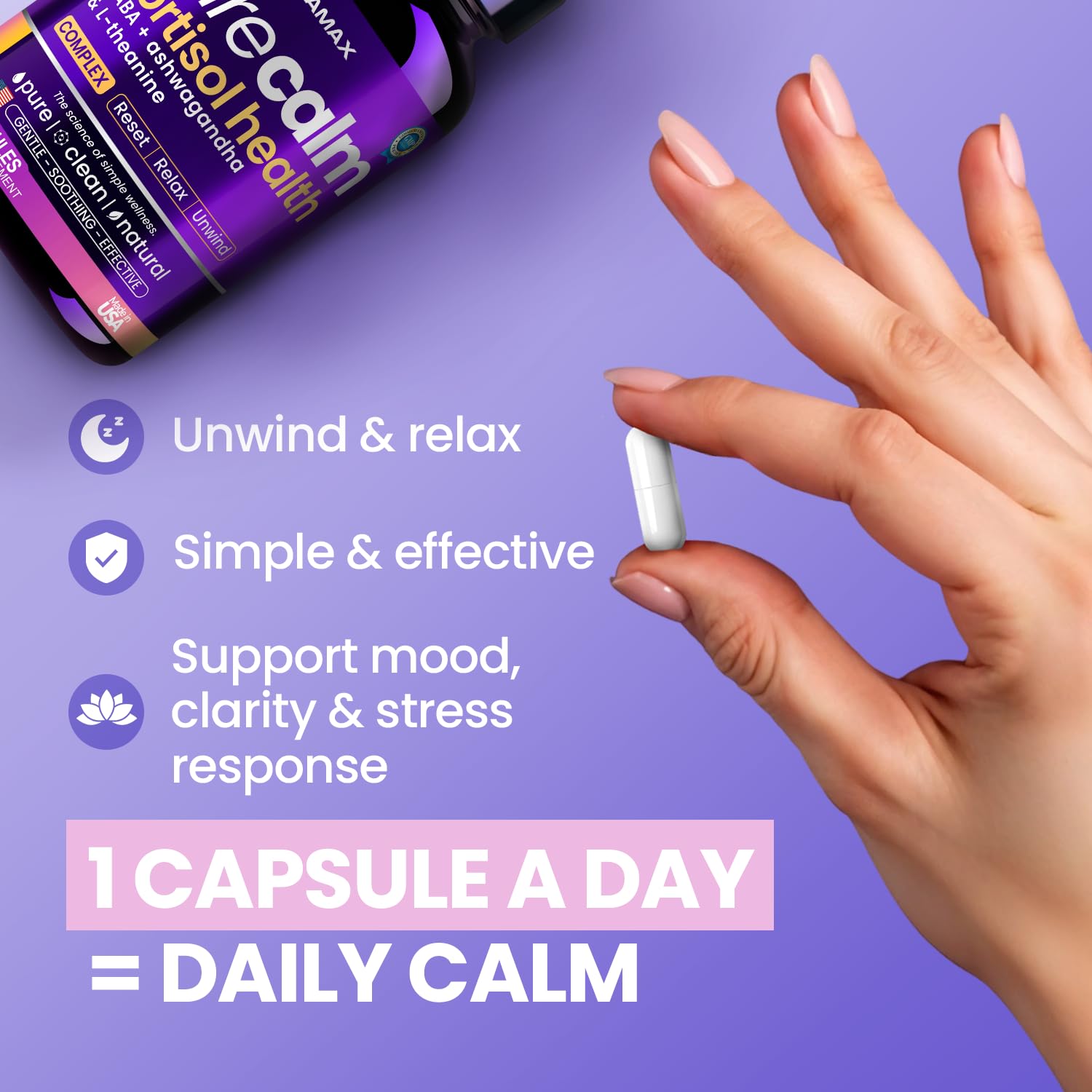 Vitamax Pure Calm Cortisol Supplements for Women - L Theanine, Ashwagandha, GABA for Relaxation, Mood & Stress Support with Ginkgo Biloba, Bacopa Monnieri, 5-HTP – Non-GMO, Made in USA – 60ct Vitamax uk supplements