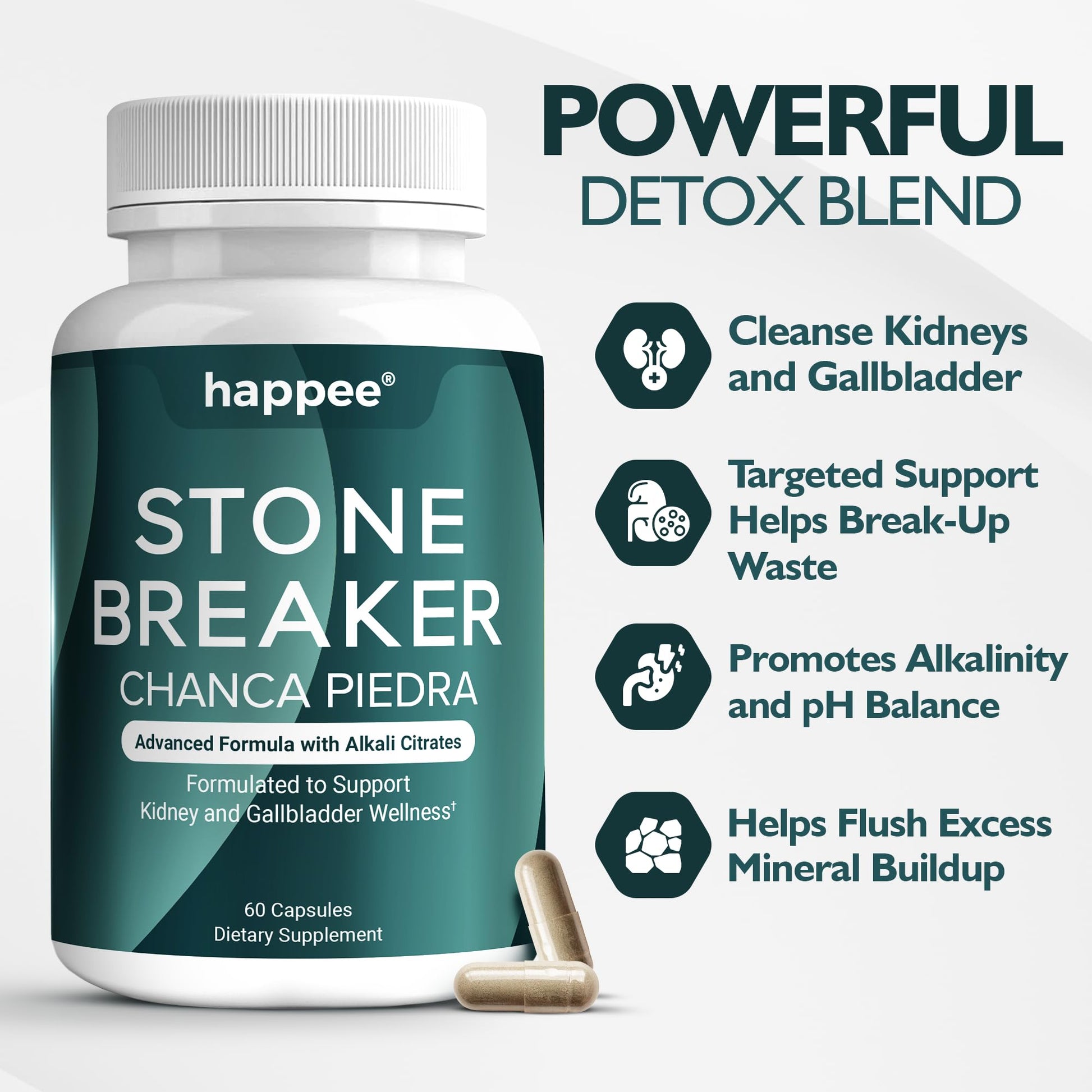 Happee Chanca Piedra Stone Breaker Kidney & Gallbladder Cleanse – Kidney Stone Dissolver & Passage Support - High Potency Phyllanthus Niruri with Magnesium, Potassium & Herbal Blend - 60 Capsules Happee uk supplements
