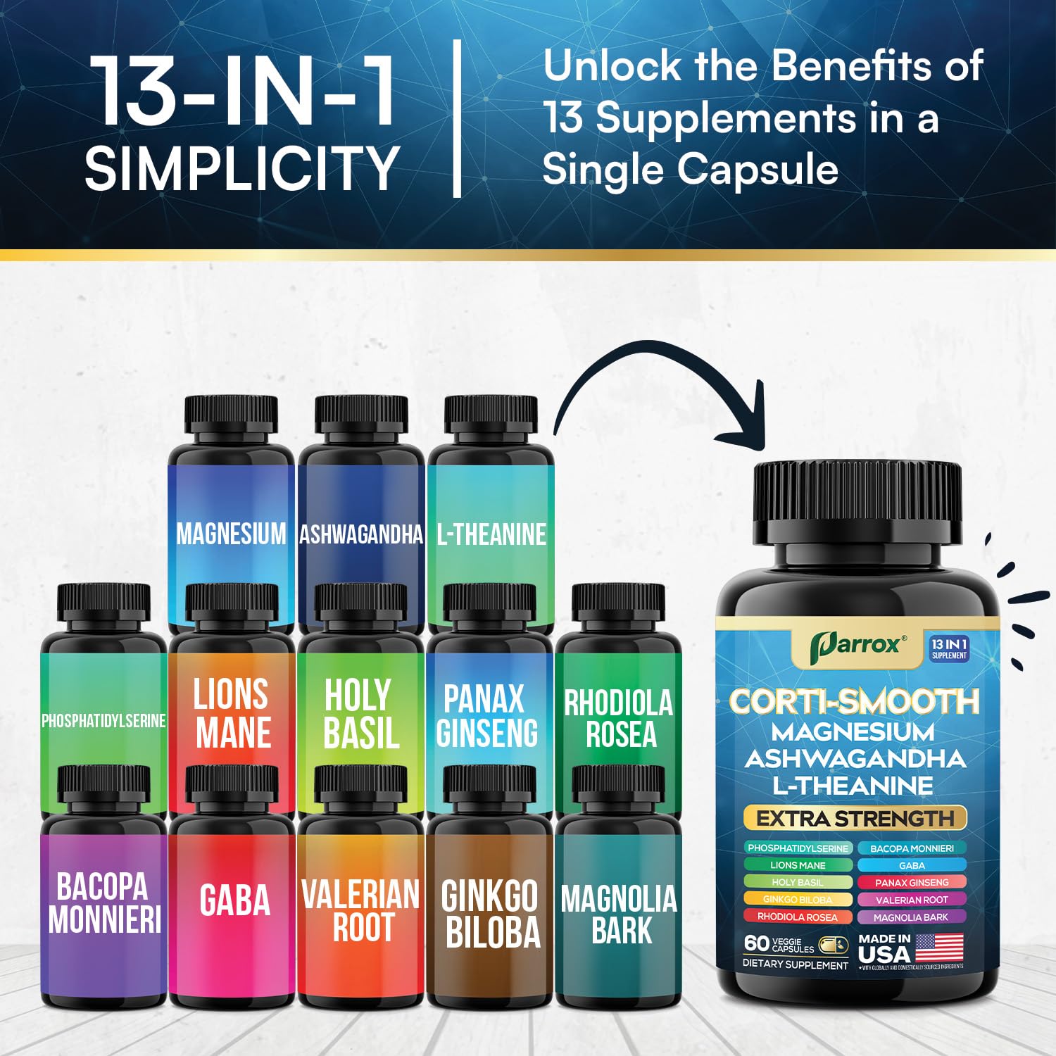 Parrox Corti-Smooth Cortisol Supplement Magnesium, L-Theanine, Ashwagandha, Phosphatidylserine, Valerian Root, Lions Mane, Bacopa Monnieri, Ginkgo Biloba, Panax Ginseng, Magnolia Bark, GABA (60 Caps) Parrox uk supplements