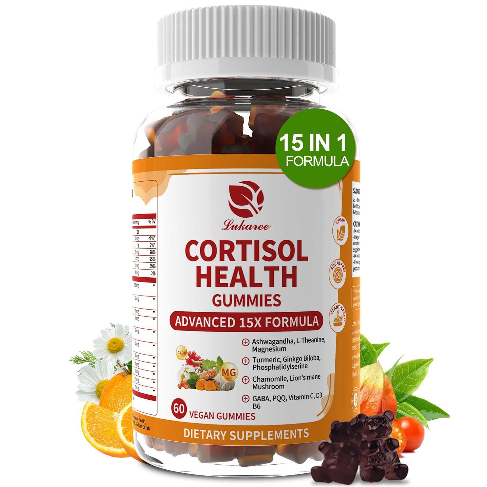 Lukaree Cortisol Supplements for Women & Men, 15 in 1 Cortisol Reducer Manager, Cortisol Calm Gummies with Ashwagandha, Magnesium, L-theanine, GABA - for Mood, Focus, Sleep - Vegan Sugar Free, 60 Ct. Lukaree uk supplements
