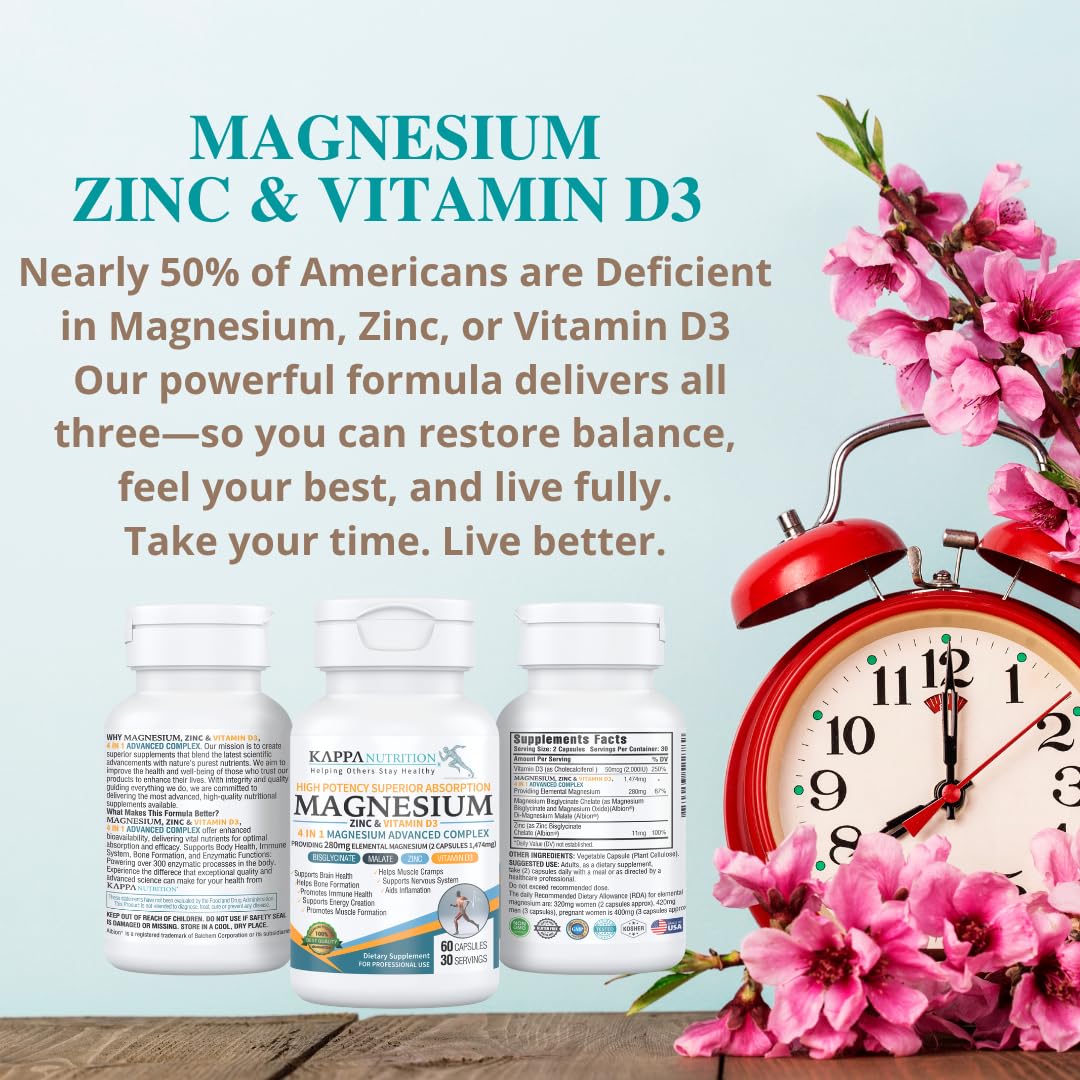 Kappa Nutrition Magnesium 4-in-1, 280mg Elemental Magnesium (Bisglycinate, Malate) + Zinc & Vitamin D3, Brain, Sleep, Energy, Muscle, Immune Support, 60 Vegan Capsules. KAPPA NUTRITION uk supplements