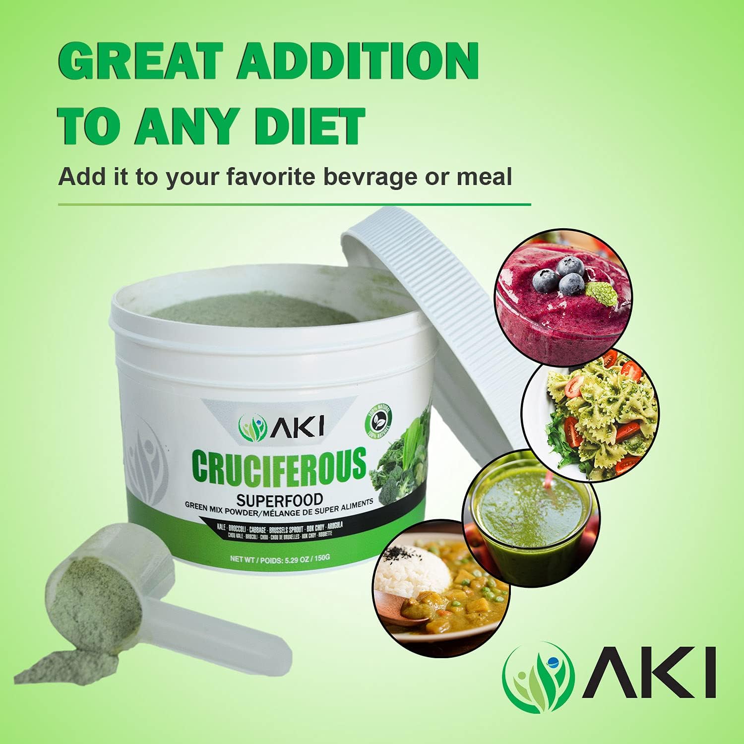 AKI Cruciferous Superfood Green Mix Powder - Made from Kale, Broccoli, Brussels Sprouts, Cabbage - Packed with Essential Phytonutrients & Vitamins ((5.3oz/150g)) AKI ORGANIC uk supplements