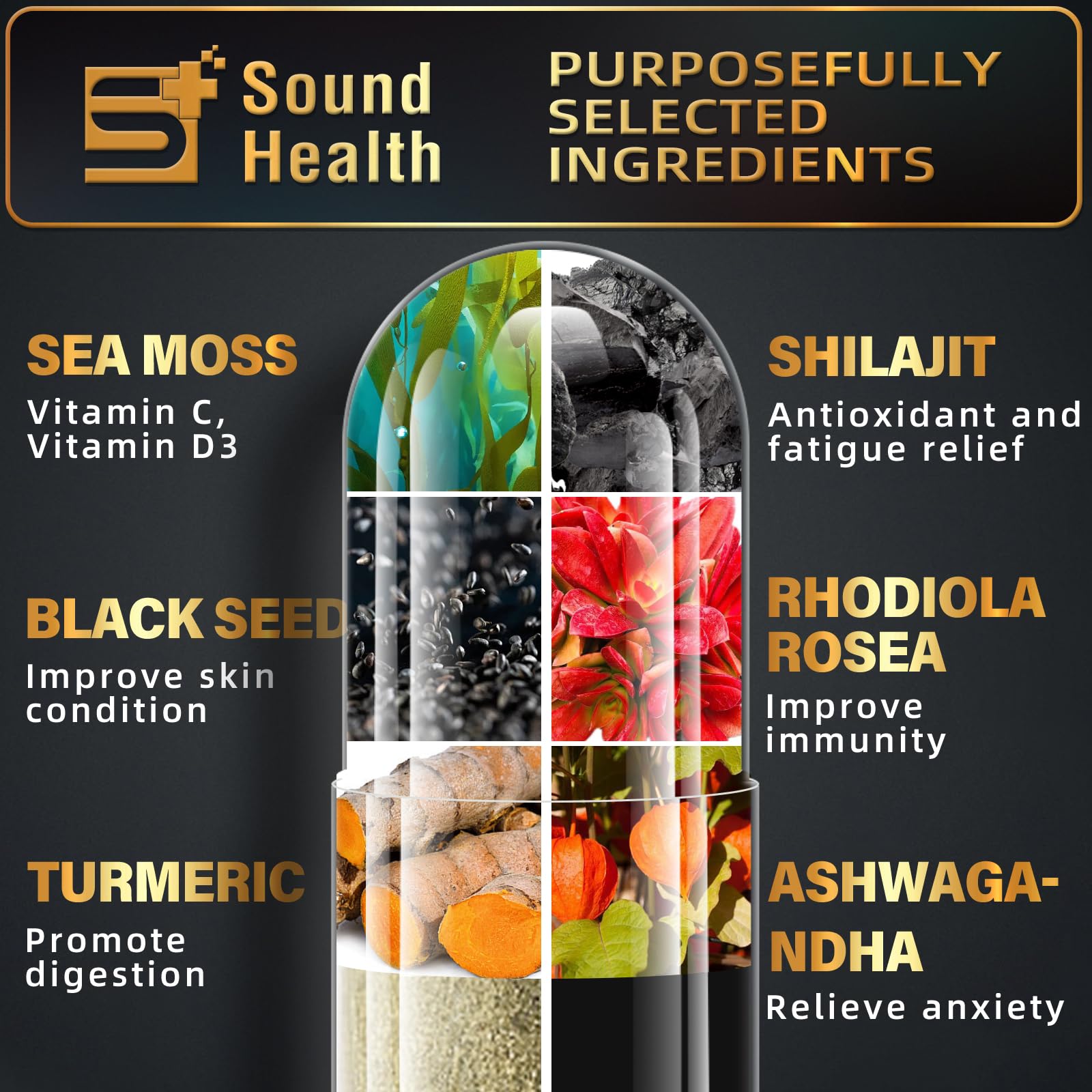 Sea Moss Capsules with Ashwagandha, Turmeric, Bladderwrack, Vitamins C & D for Natural Energy, Sleep Support & Hair Growth, 1200mg Herbal Blend, for Man & Women, Third-Party Tested，16-in-1 Supplement SoundHealth uk supplements