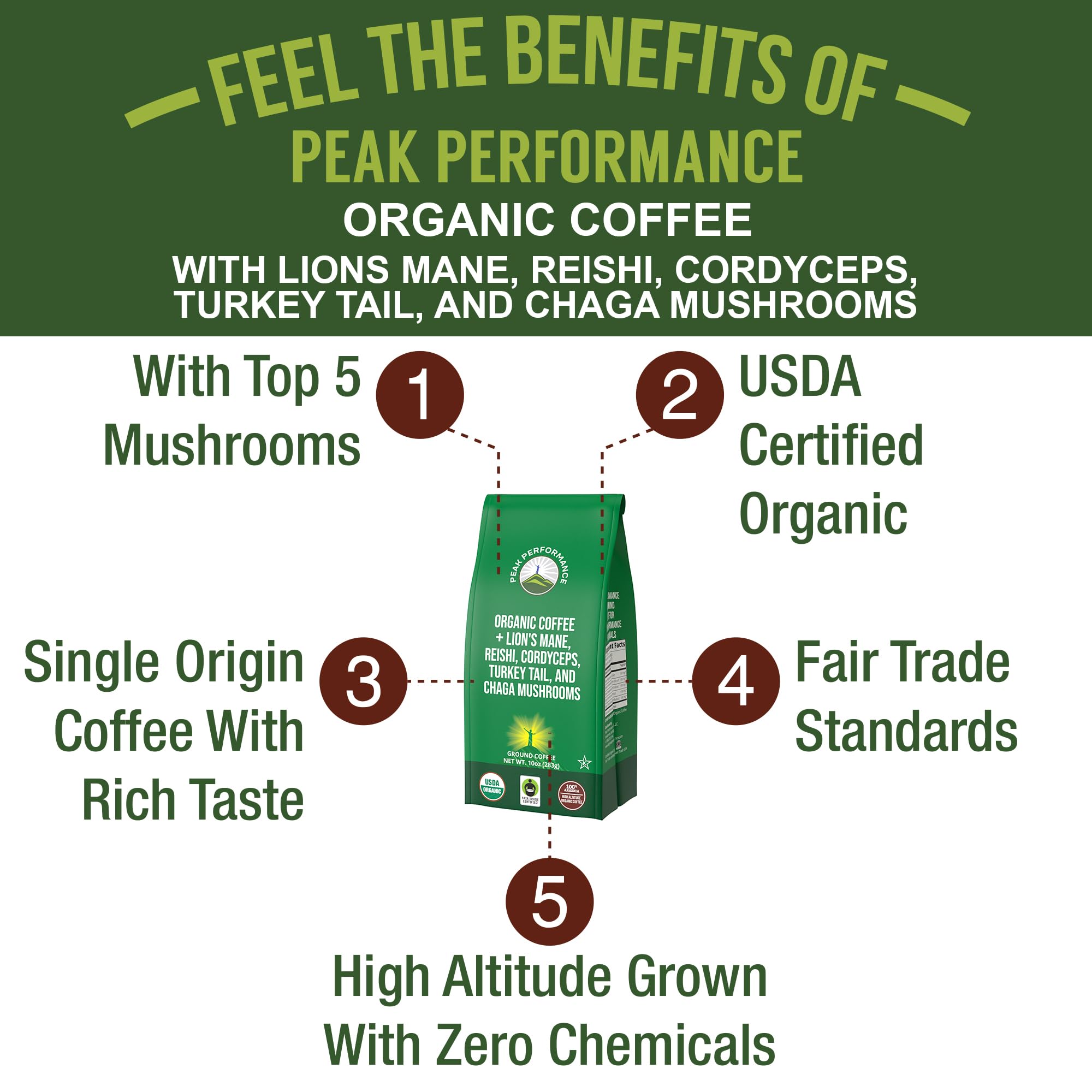 Organic Low Acid Mushroom Coffee with Lion's Mane, Reishi, Cordyceps, Turkey Tail, and Chaga Mushrooms - Great Tasting Premium High Altitude Medium Roast Ground Bags 10 oz by Peak Performance Peak Performance uk supplements