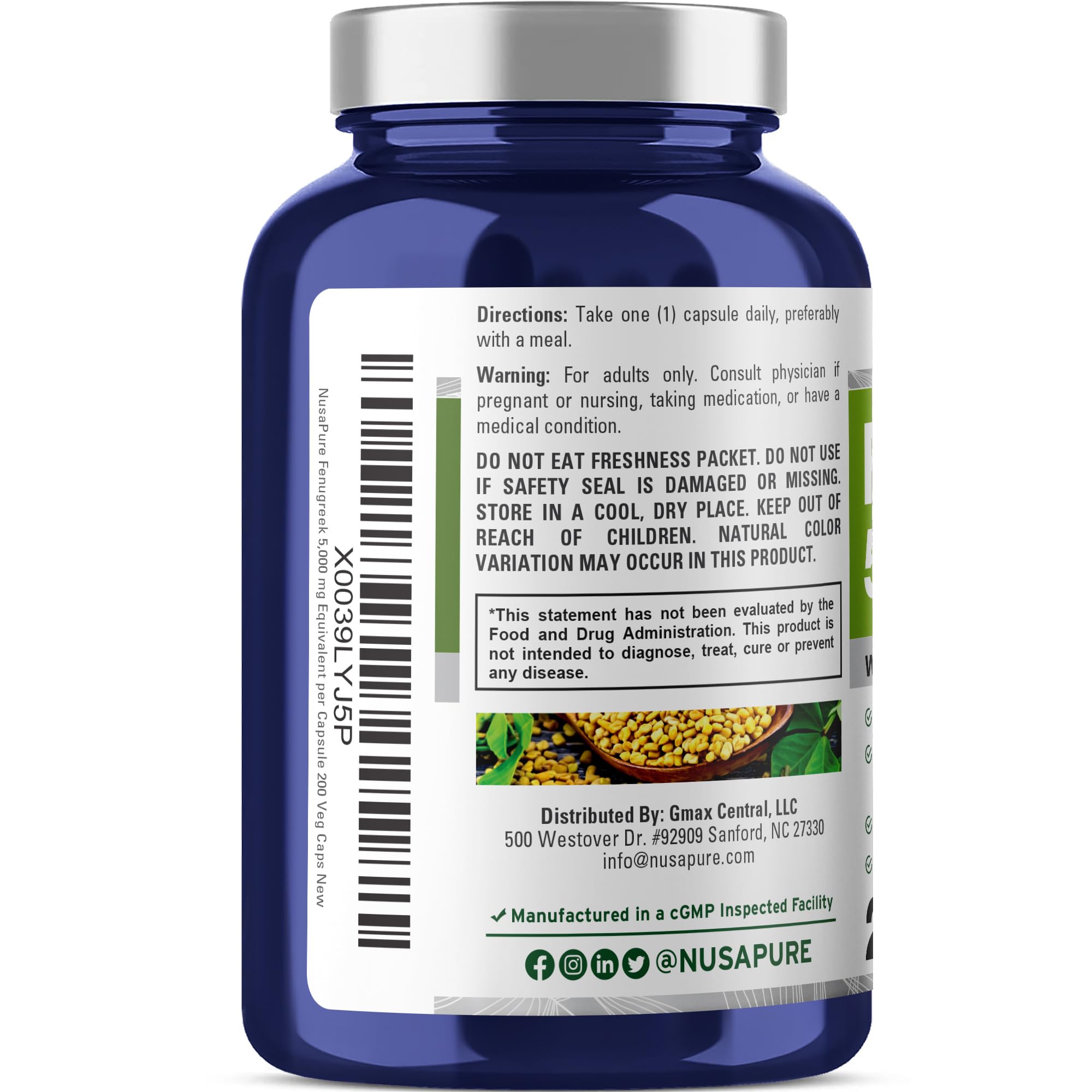 NusaPure Fenugreek Capsules, 50:1 Extract, 100 mg Equivalent to 5,000mg, 200 Veggie Caps, Non-GMO, Vegan NusaPure uk supplements