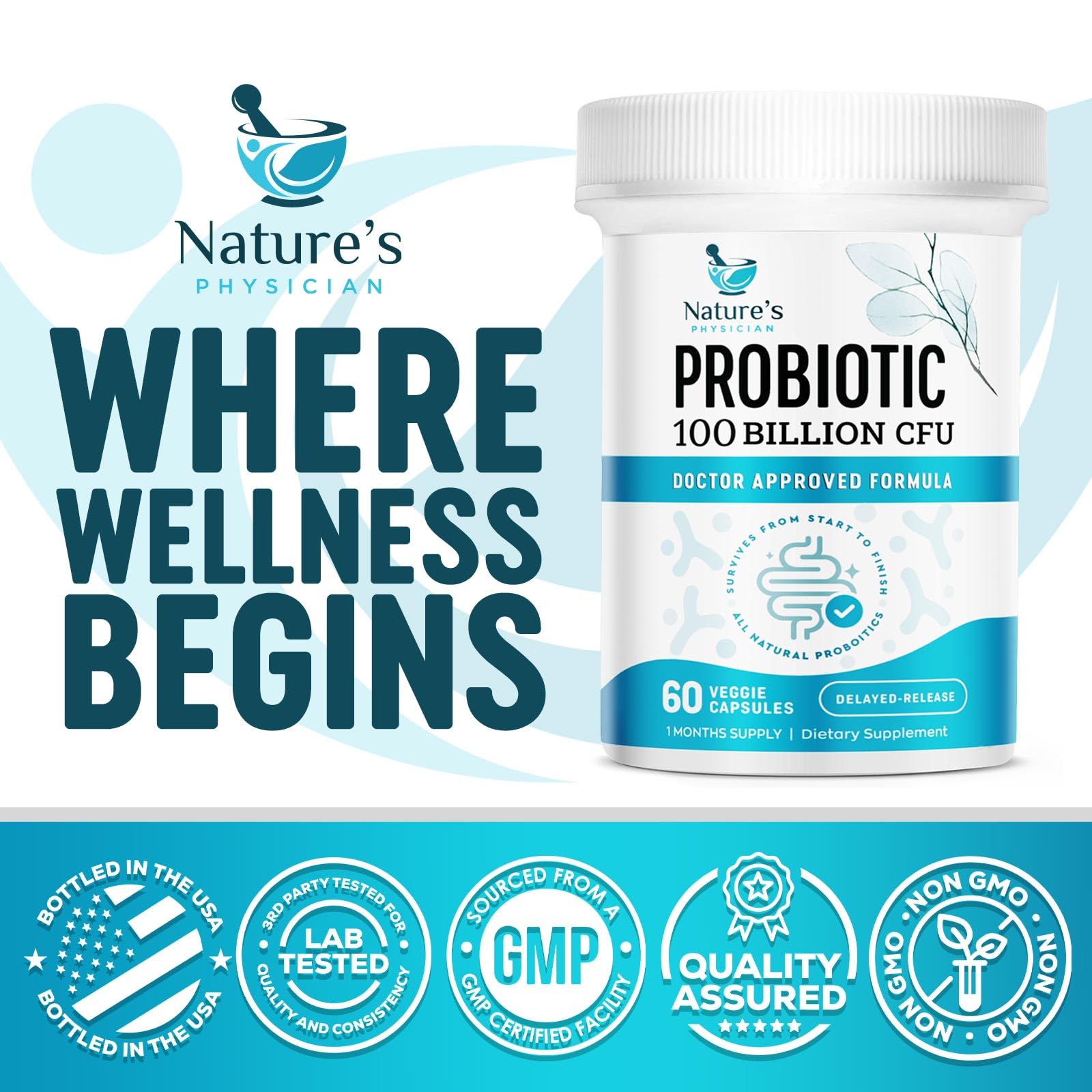 Nature's Physician Probiotics - 100 Billion CFU - 16 Strains + Prebiotics - Best Probiotic Supplement for Women & Men - Supports Immune, Digestive Health, Occasional Constipation & Gas - 60 Capsules Nature's Physician uk supplements