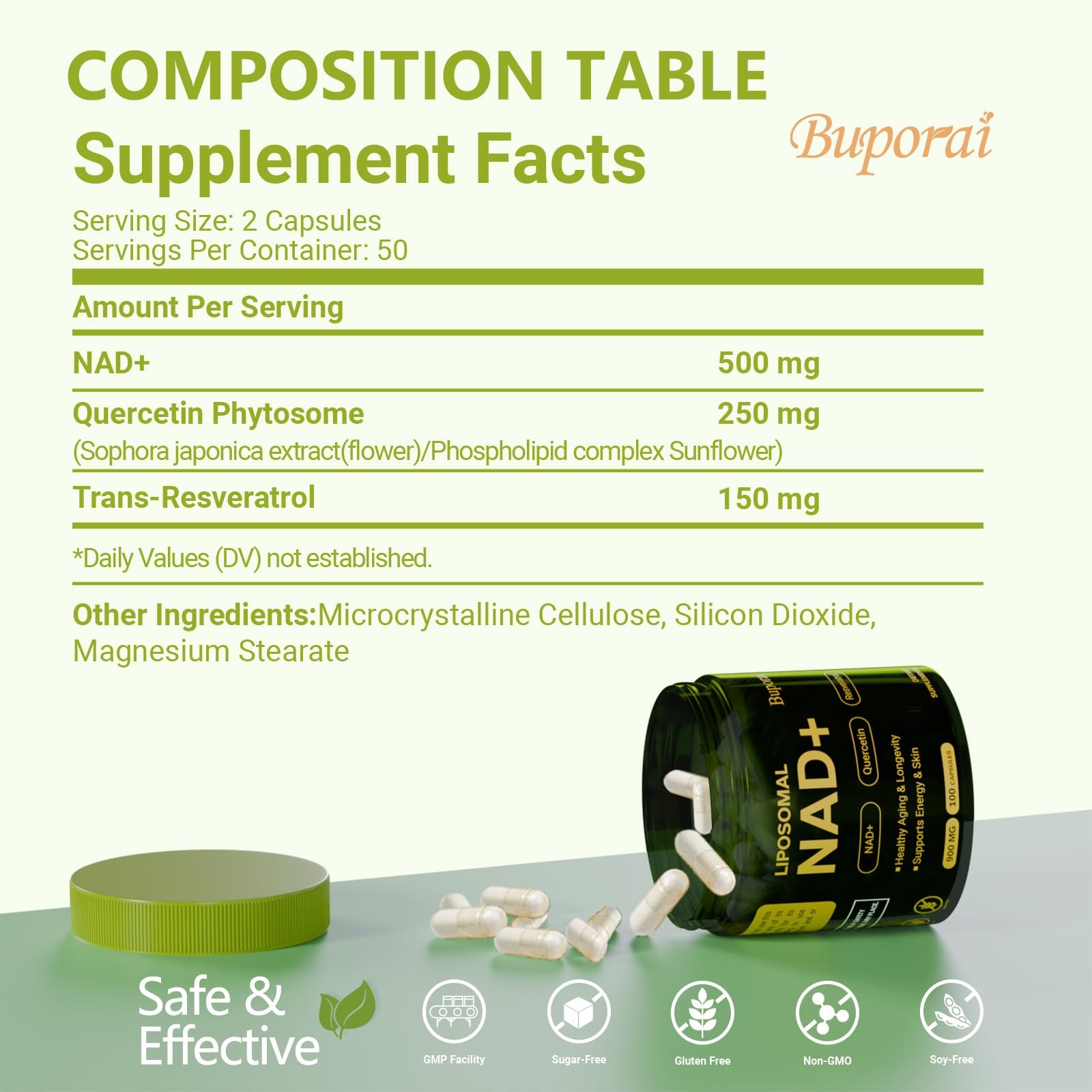 Buporai NAD Supplement 900mg with Resveratrol & Quercetin, NAD Supplement for Anti-Aging, Cellular Energy & Repair-100 Capsules Buporai uk supplements