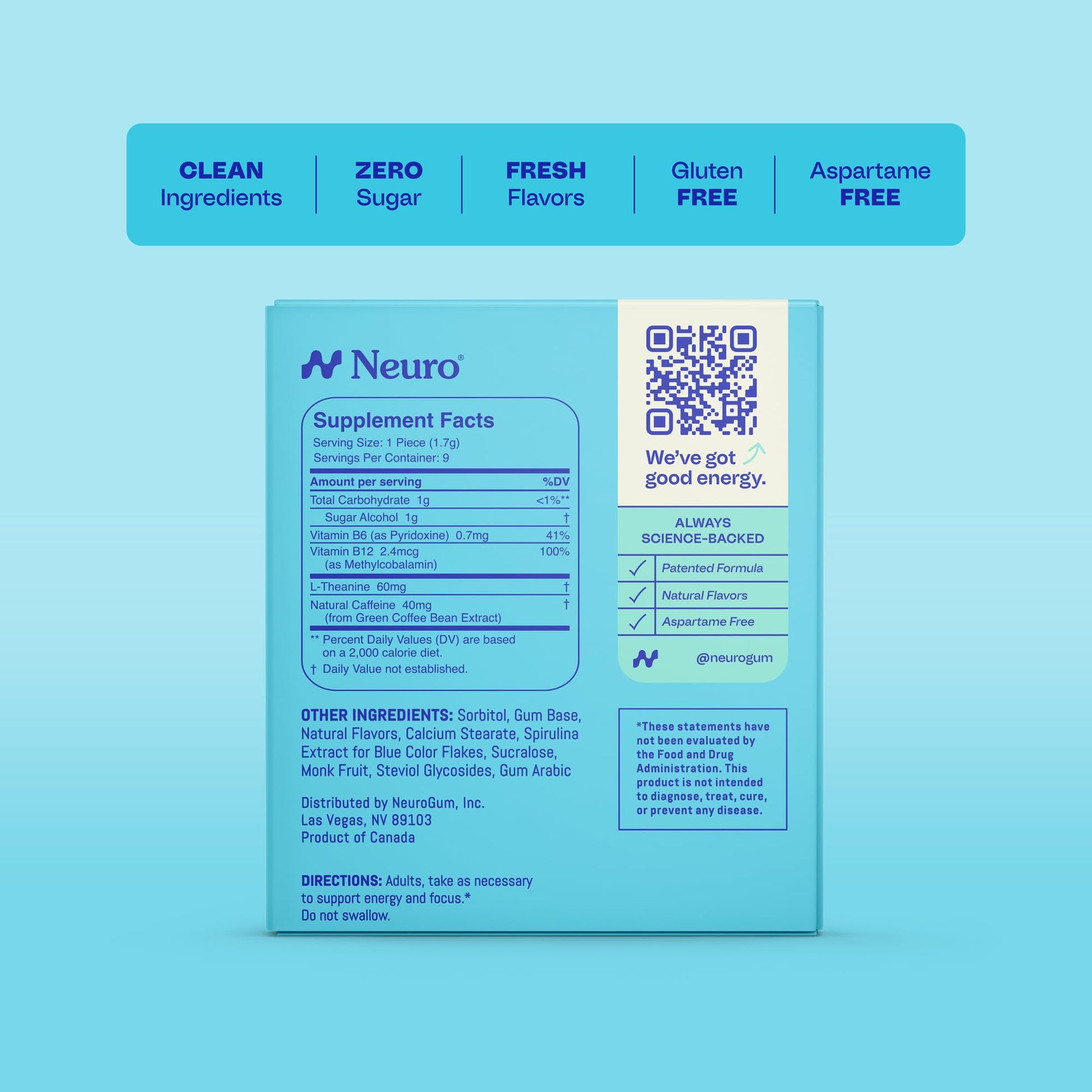 Neuro Energy & Focus Gum - 40mg Natural Caffeine Gum & Nootropic Energy Supplement with L-Theanine & B Vitamins - Sugar Free, Vegan - Peppermint, 54ct Neuro uk supplements