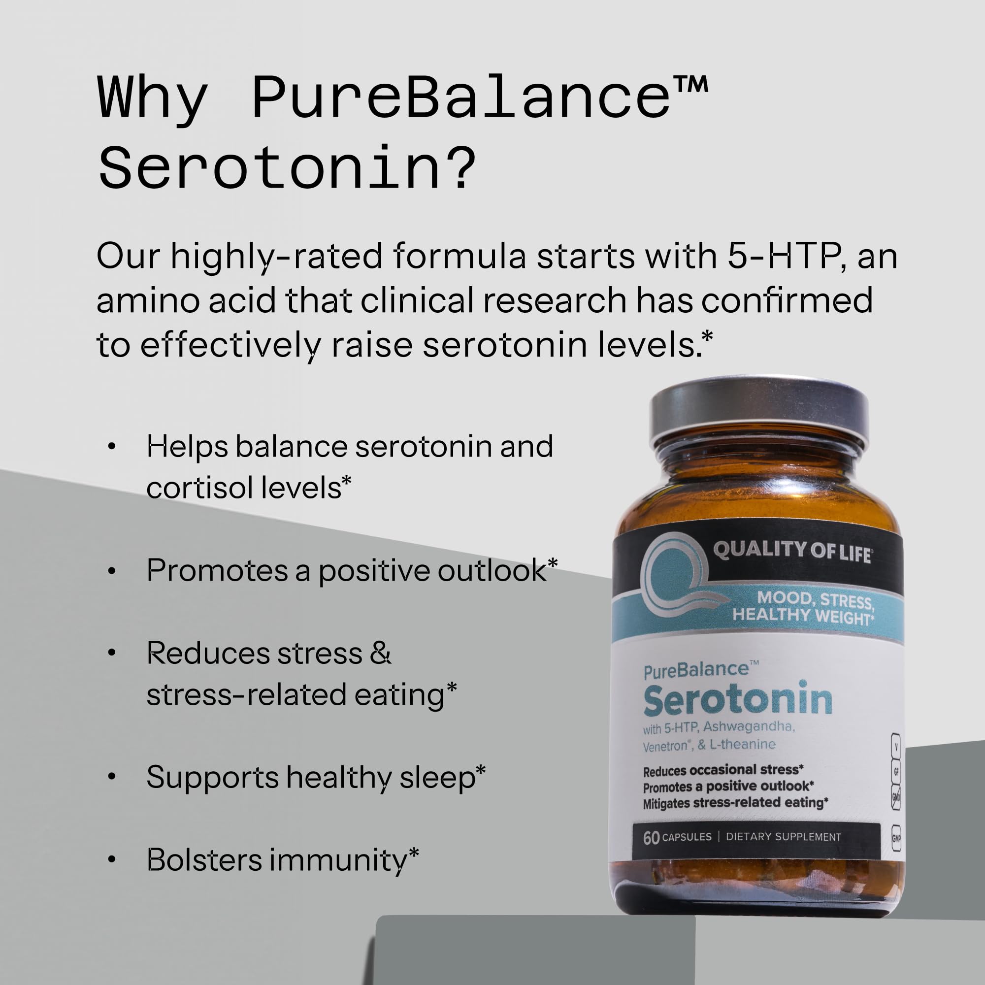 Quality of Life Pure Balance Serotonin Premium–Helps Boost Serotonin & Cortisol Levels - Includes 5-HTP, Venetron, Sensoril, Vitamin D3 & L-Theanine–60 Capsules Quality of Life uk supplements
