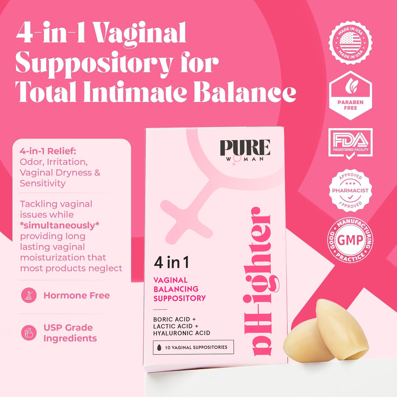 PURE WOMAN - pH-ighter Vaginal Boric Acid Suppositories for Women - Hyaluronic Acid - 4 in 1 Vaginal Suppositories for Discomfort, Dryness, Odor & pH Balance- Full Vaginal Health Care - 10ct PURE WOMAN uk supplements