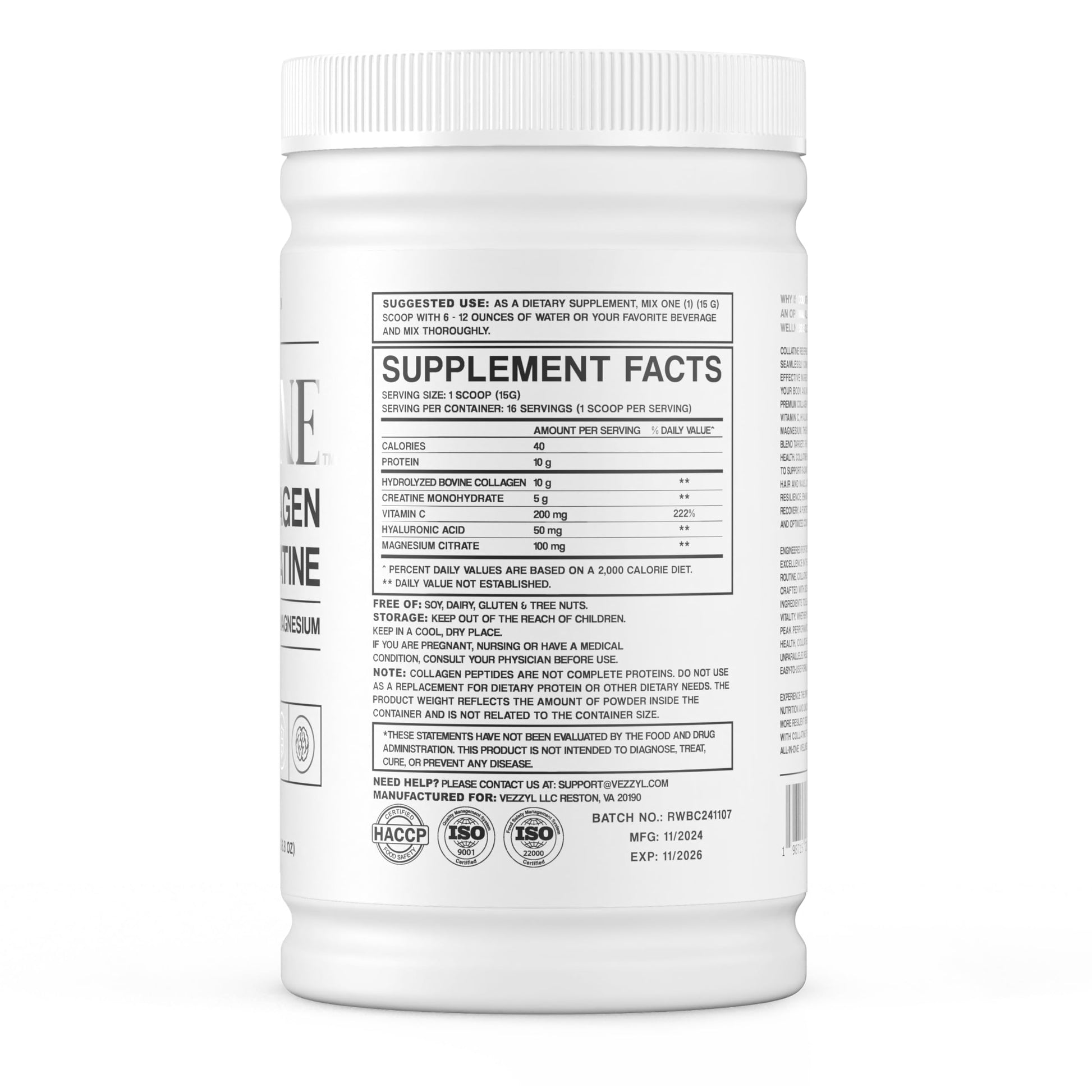 Vezzyl - Collatine - Premium Collagen Peptides + Creatine with Vitamin C, Hyaluronic Acid and Magnesium for Skin, Hair, Nails, Bone & Joint, Muscle, Immune and Cognitive Aid (.55 LB (250 G/8.8 OZ) Vezzyl uk supplements