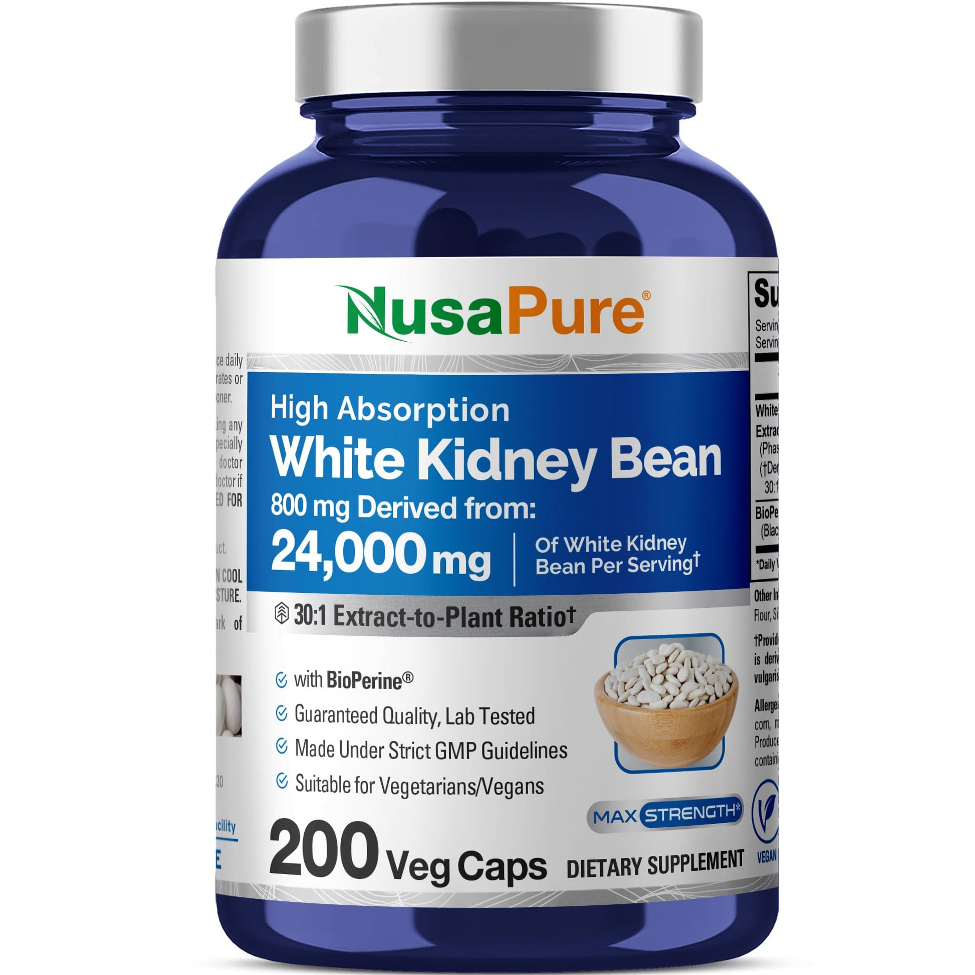 NusaPure White Kidney Beans 30:1 Extract, 800 mg Equivalent to 24,000 mg 200 Vegan Capsules - Bioperine - (Vegan, Non-GMO) NusaPure uk supplements