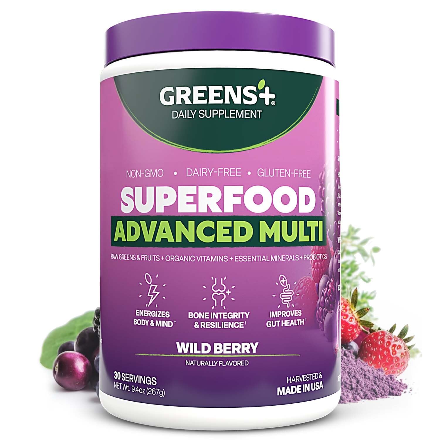 Greens+ Advanced Multi Wild Berry Superfood Powder, Organic Blend, Vegan, Non-GMO, Soy-Free, Dairy-Free, Gluten-Free, Dietary Supplement with Vitamins & Minerals, 9.4 oz Greens+ uk supplements
