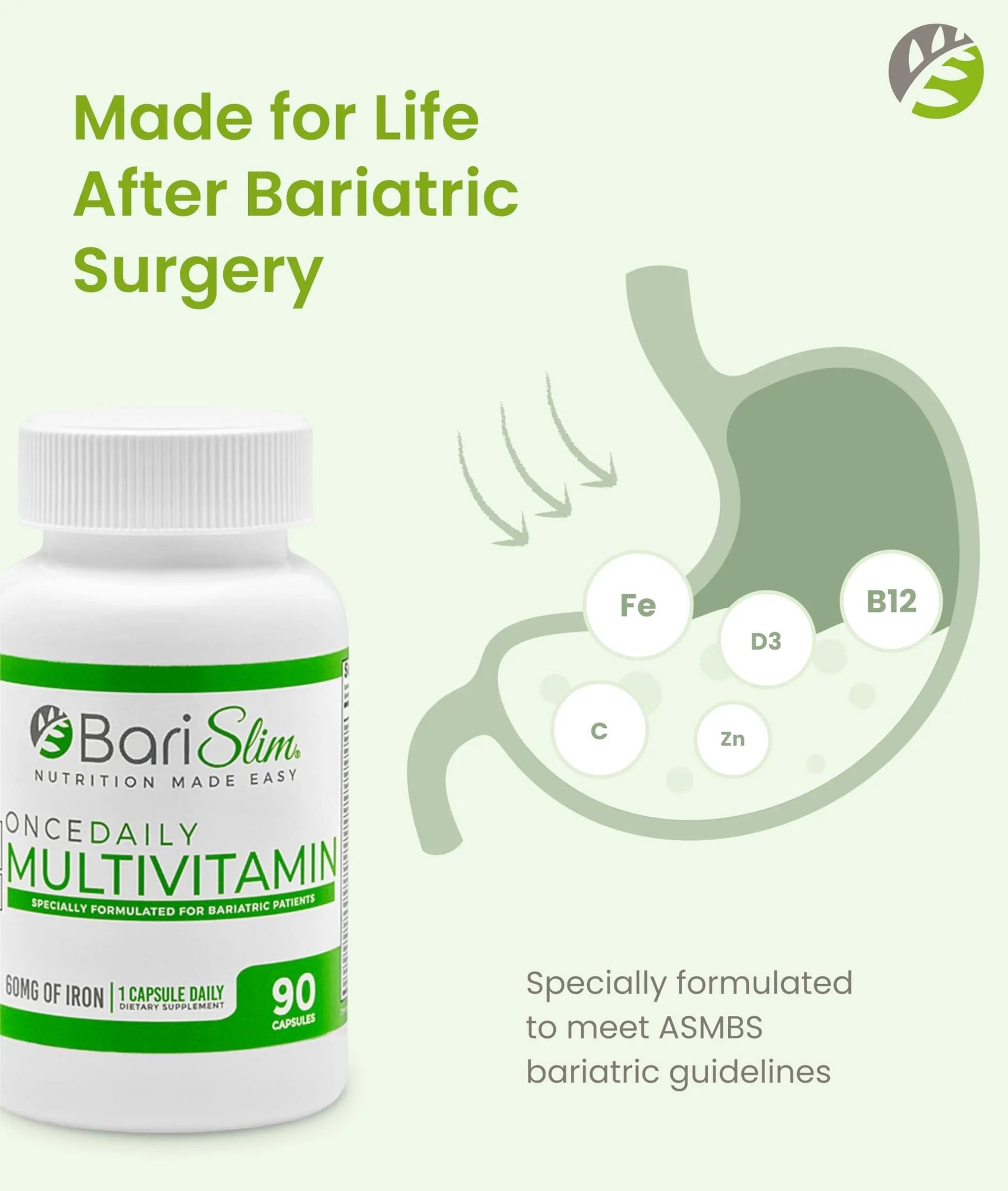 BariSlim Once Daily Bariatric Multivitamin Capsule - 60mg of Iron - Bariatric Vitamin & Supplement for Post WLS Surgery Including Gastric Bypass BariSlim uk supplements