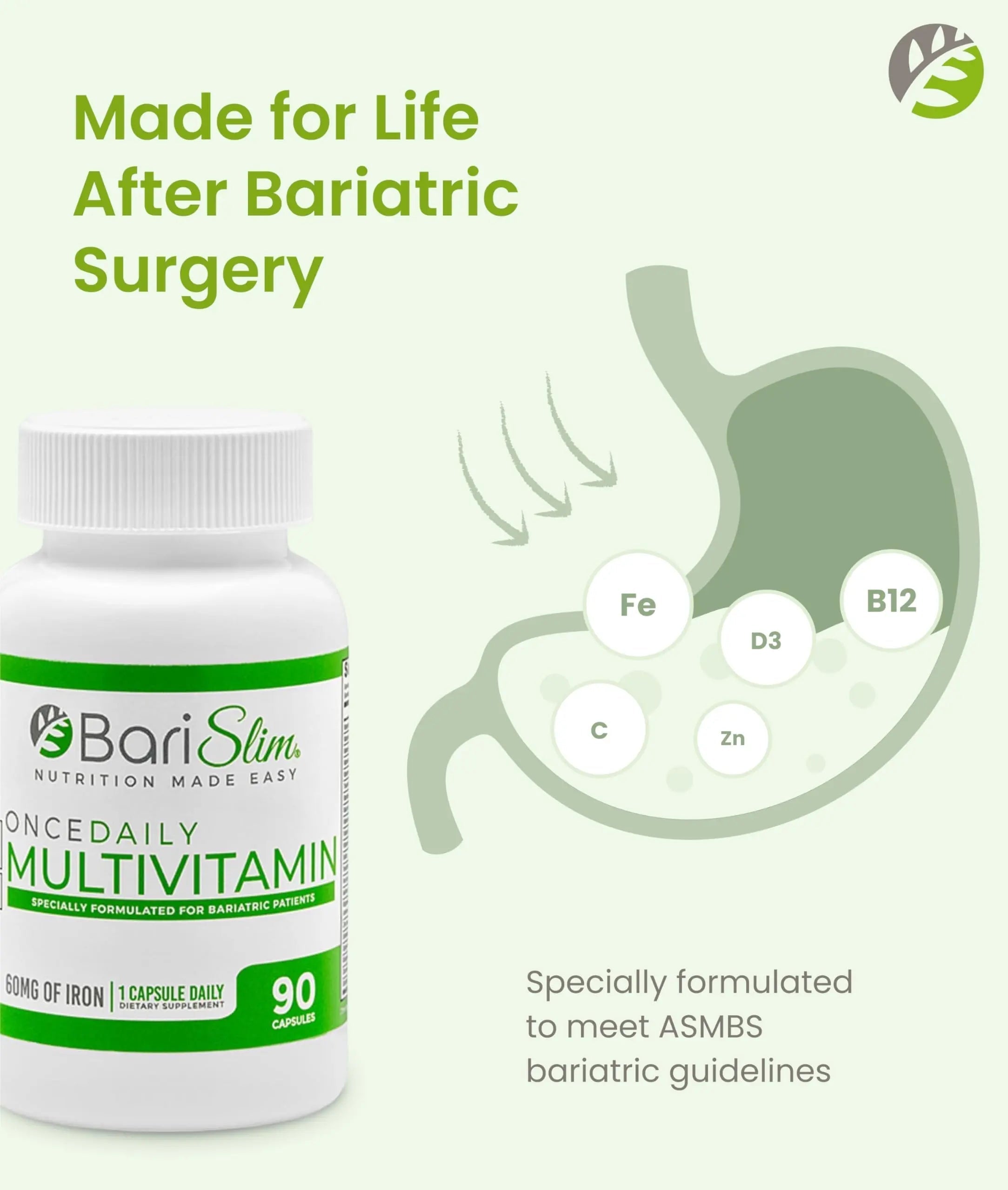 BariSlim Once Daily Bariatric Multivitamin Capsule - 60mg of Iron - Bariatric Vitamin & Supplement for Post WLS Surgery Including Gastric Bypass BariSlim uk supplements