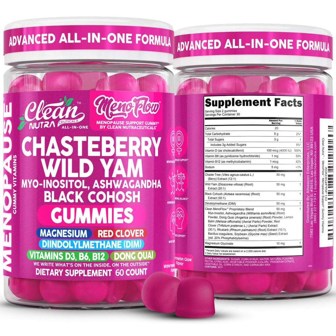 Clean Nutra Menopause Supplements for Women Chastberry Wild Yam Gummies Inositol Black Cohosh Magnesium Red Clover DIM Supplement B6 Magnesium Glycinate Glycine Vitex Hormone Balance Gummy Vitamins Clean Nutraceuticals uk supplements