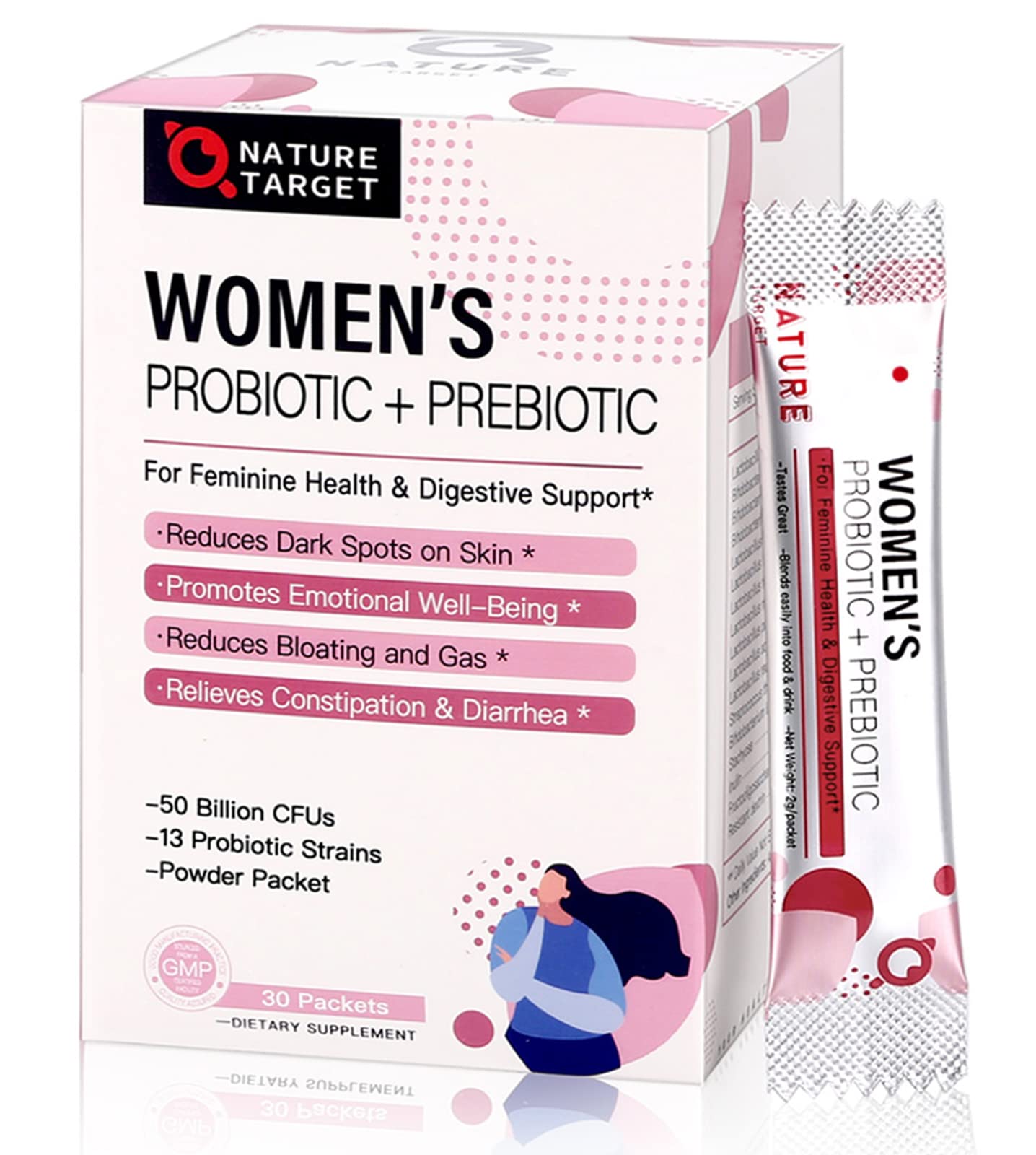 NATURE TARGET Probiotics for Women Probiotic Powder - 50 Billion CFUs, 13 Strains Supports for Digestive Vaginal Health, Bloating Relief, 30 Stick Packs NATURE TARGET uk supplements