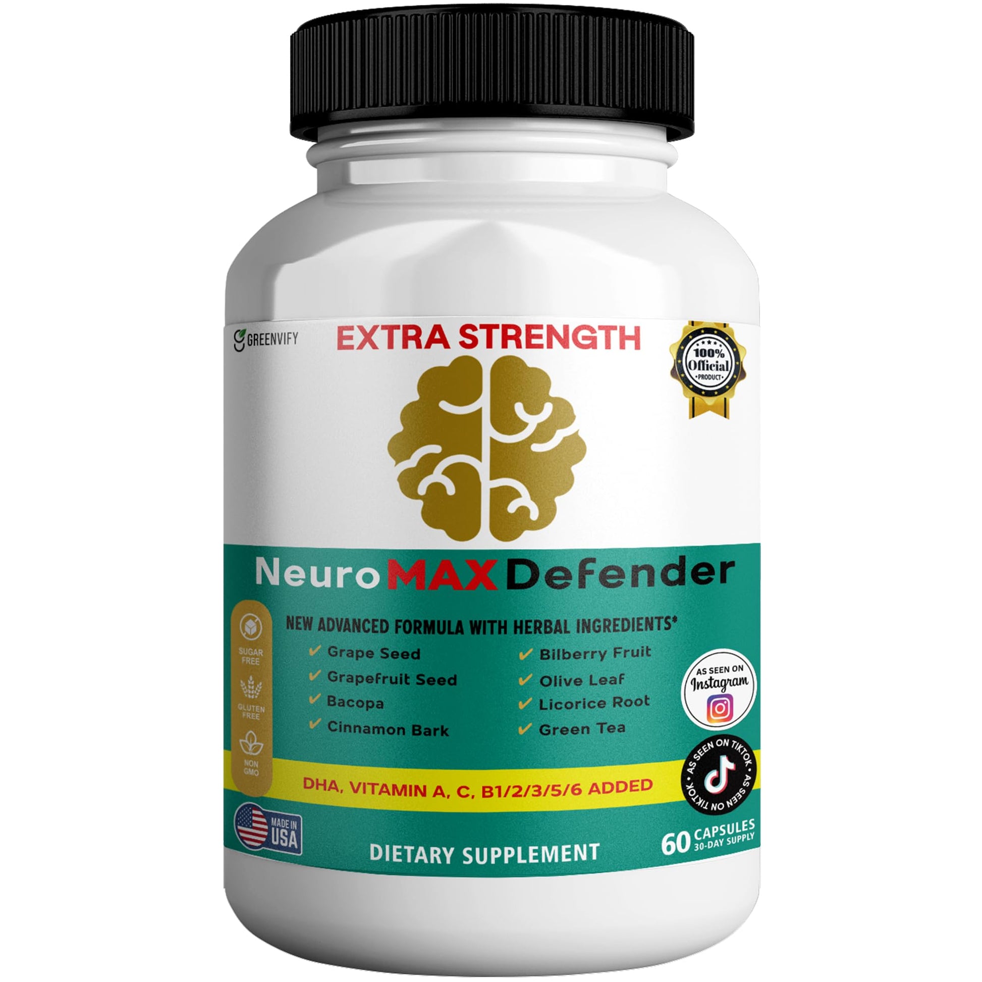 GREENVIFY NeuroMAX Defender Extra Strength Brain Support Supplement with Herbal Blend, 60 Capsules, DHA, B12, Vitamins A C D E, Selenium, 30-Day Supply (1) GREENVIFY uk supplements