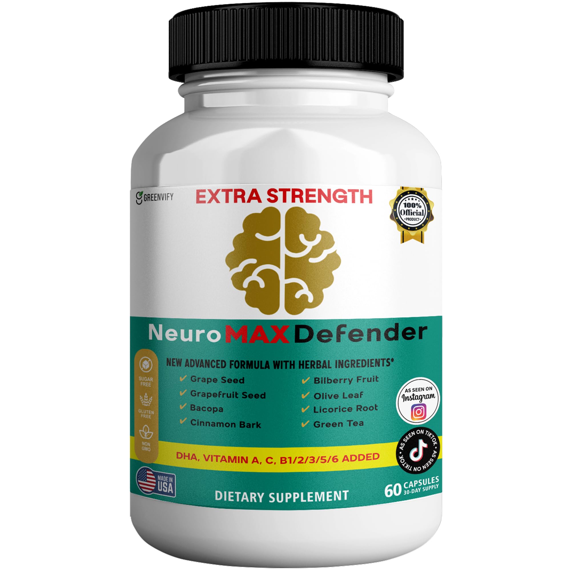GREENVIFY NeuroMAX Defender Extra Strength Brain Support Supplement with Herbal Blend, 60 Capsules, DHA, B12, Vitamins A C D E, Selenium, 30-Day Supply (1) GREENVIFY uk supplements
