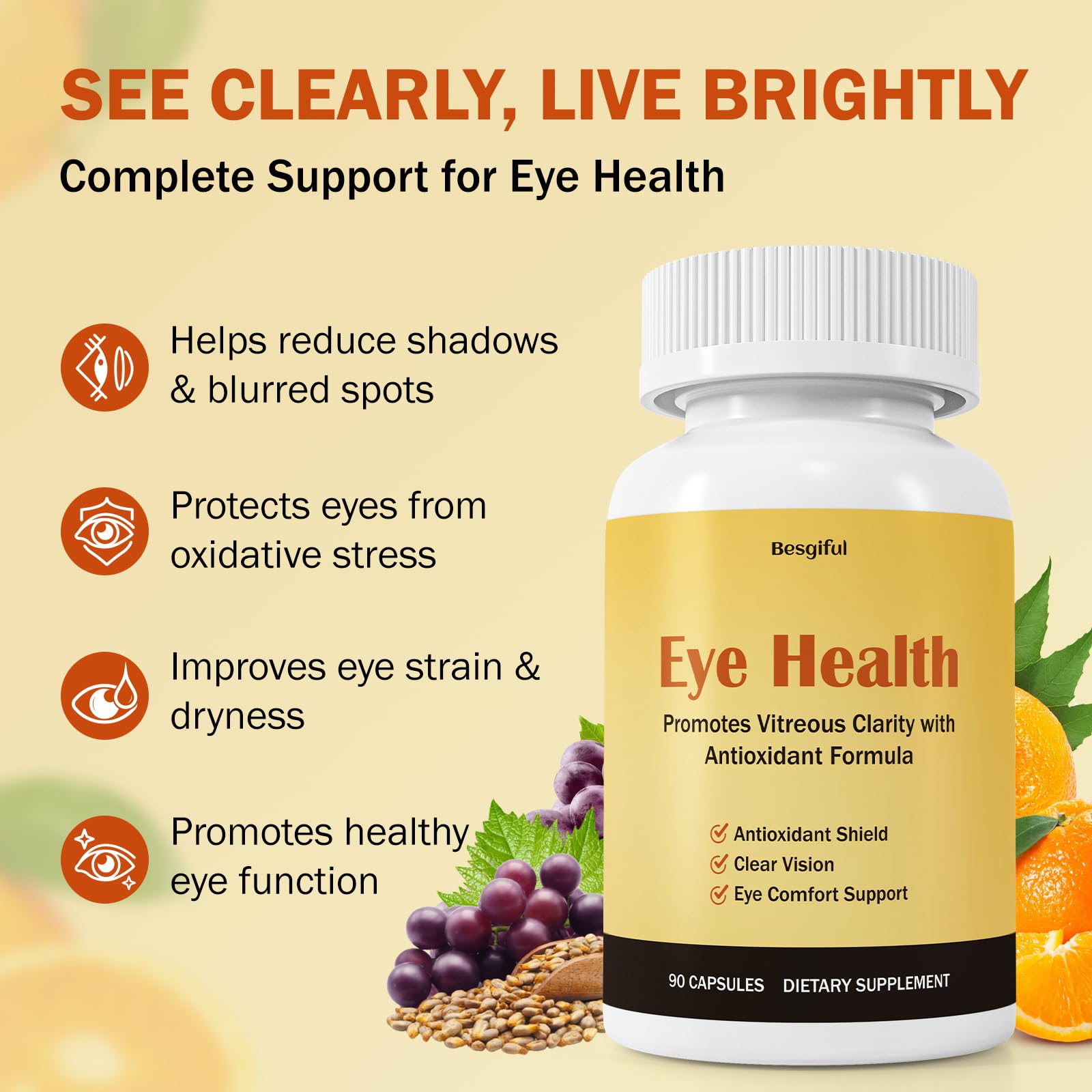 Besgiful Eye Supplement for Vitreous Health, Promotes Clear Vision, Improves Eye Strain & Dryness, Reduces Squiggly Lines, Eye Degeneration, Clear Eye Support, 90 Vegan Capsules Besgiful uk supplements