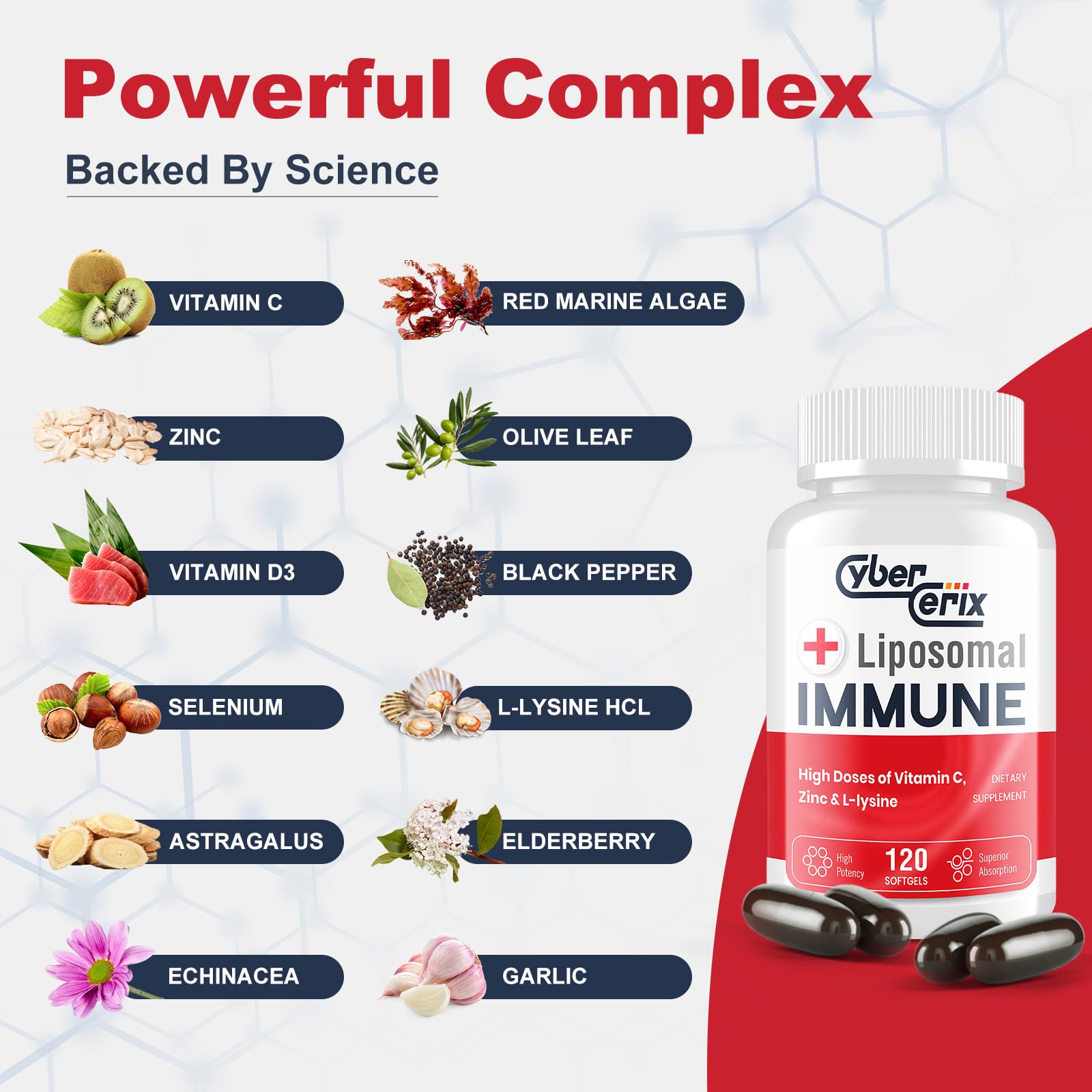 CyberCerix Advanced Liposomal Immune Supplement, Complex with L-Lysine 1,500mg, Vitamins, Minerals & Herbal Extracts, Comprehensive Daily Wellness Blend for Men & Women - 120 Capsules CyberCerix uk supplements