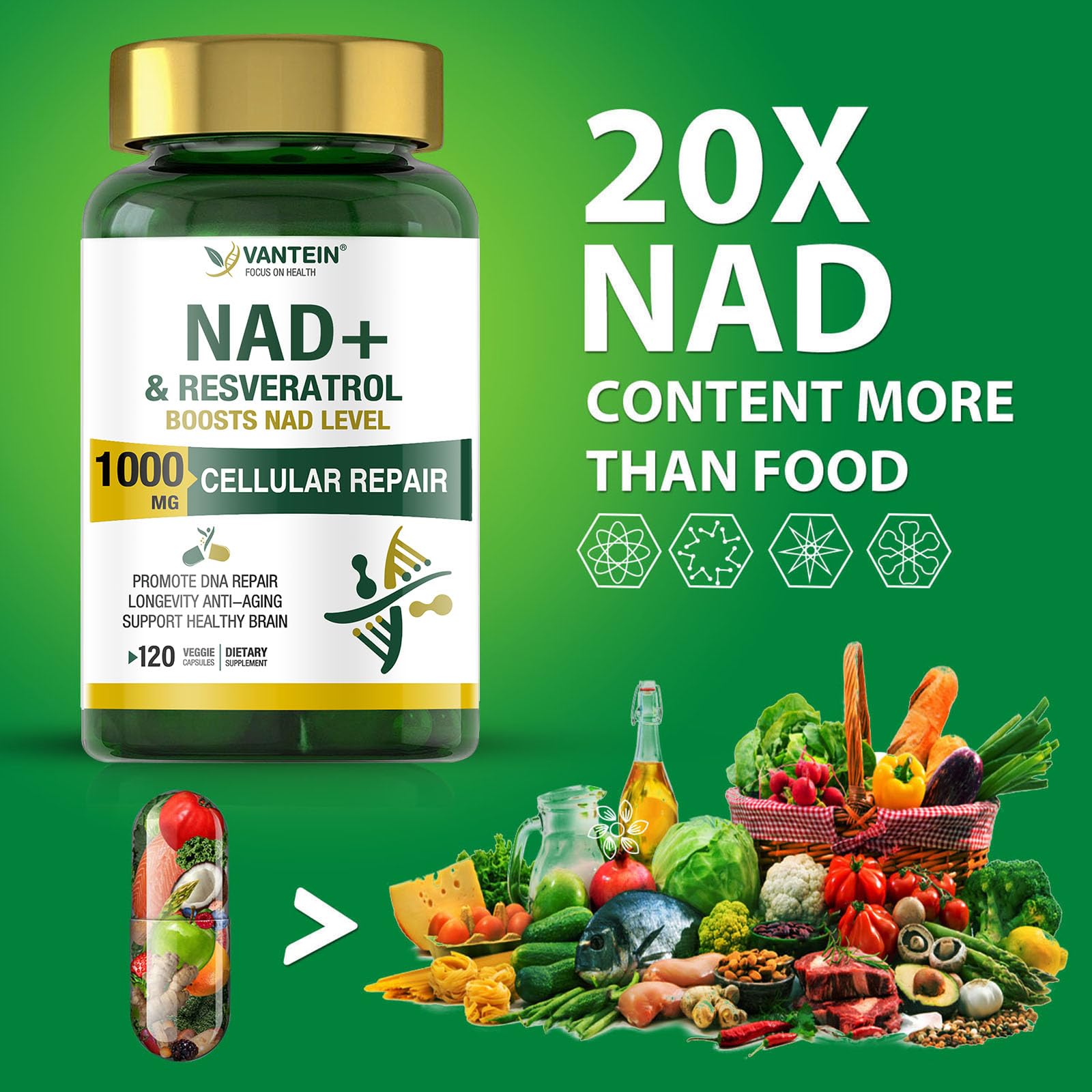 TEATTY NAD+ & Resveratrol Supplement - NMN Alternative with 120 Capsules, Anti-Aging Cellular Support, Energy & Longevity Booster, DNA Repair Formula TEATTY uk supplements